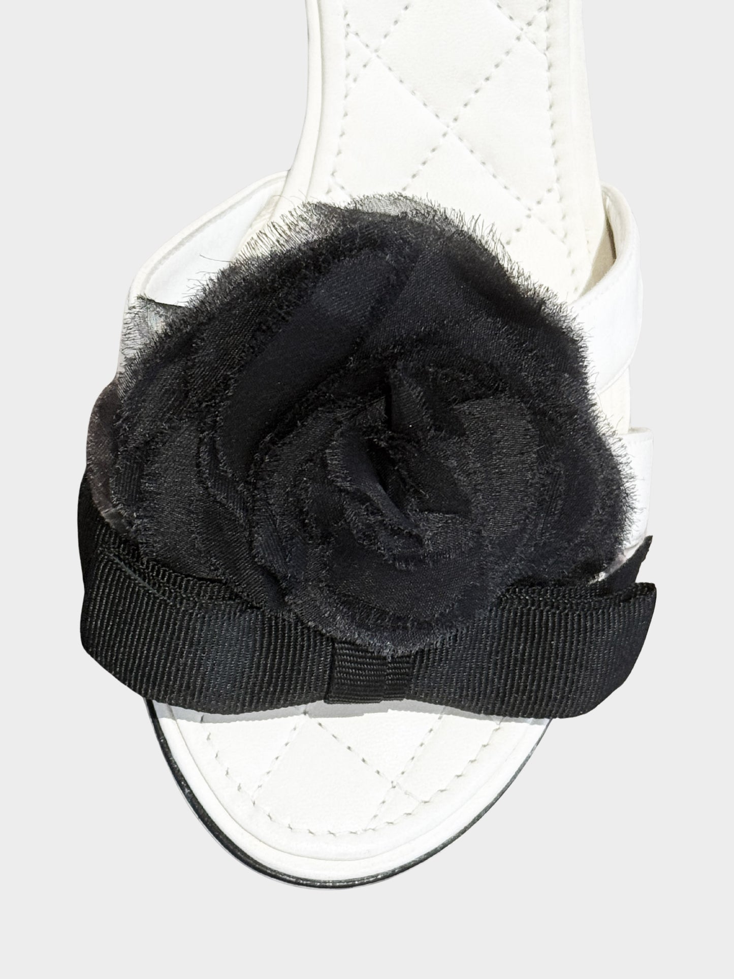Chanel by Karl Lagerfeld 2006 White and Black Lambskin Leather Camellia and Bow Heels