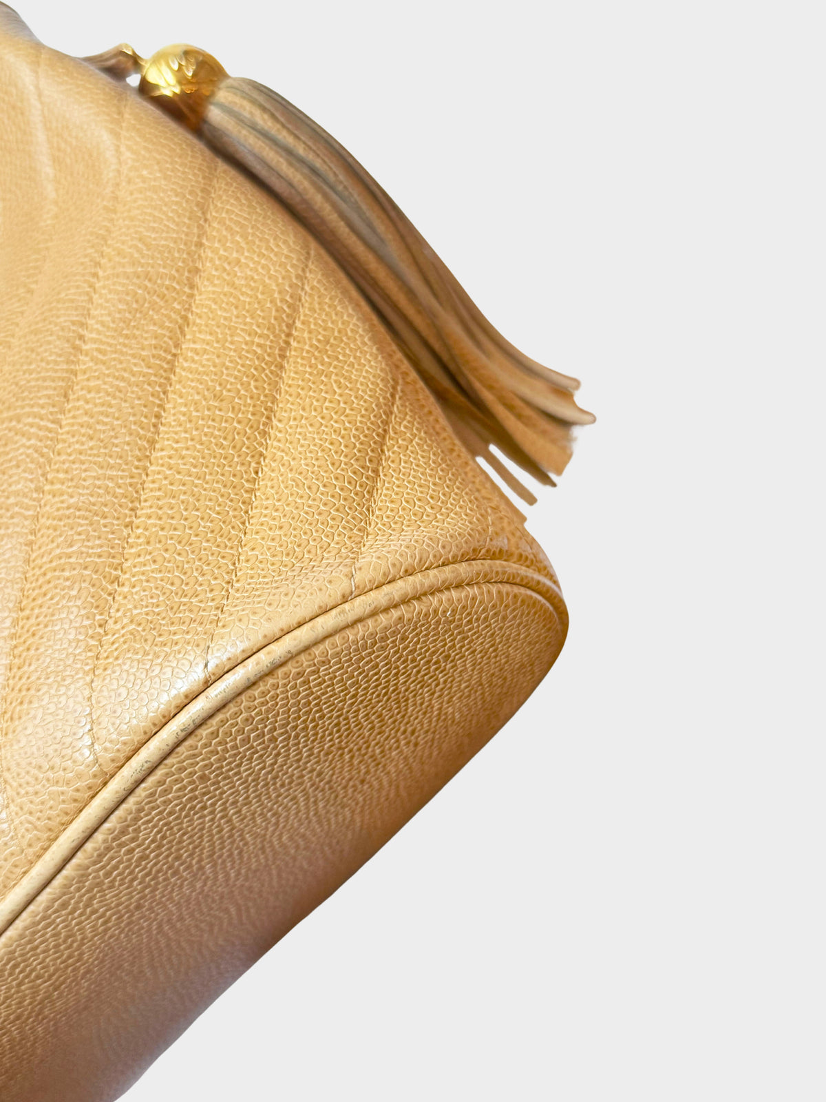 Chanel Early 1991-1994 Beige Caviar Leather Chevron Stitch Tassel Handbag