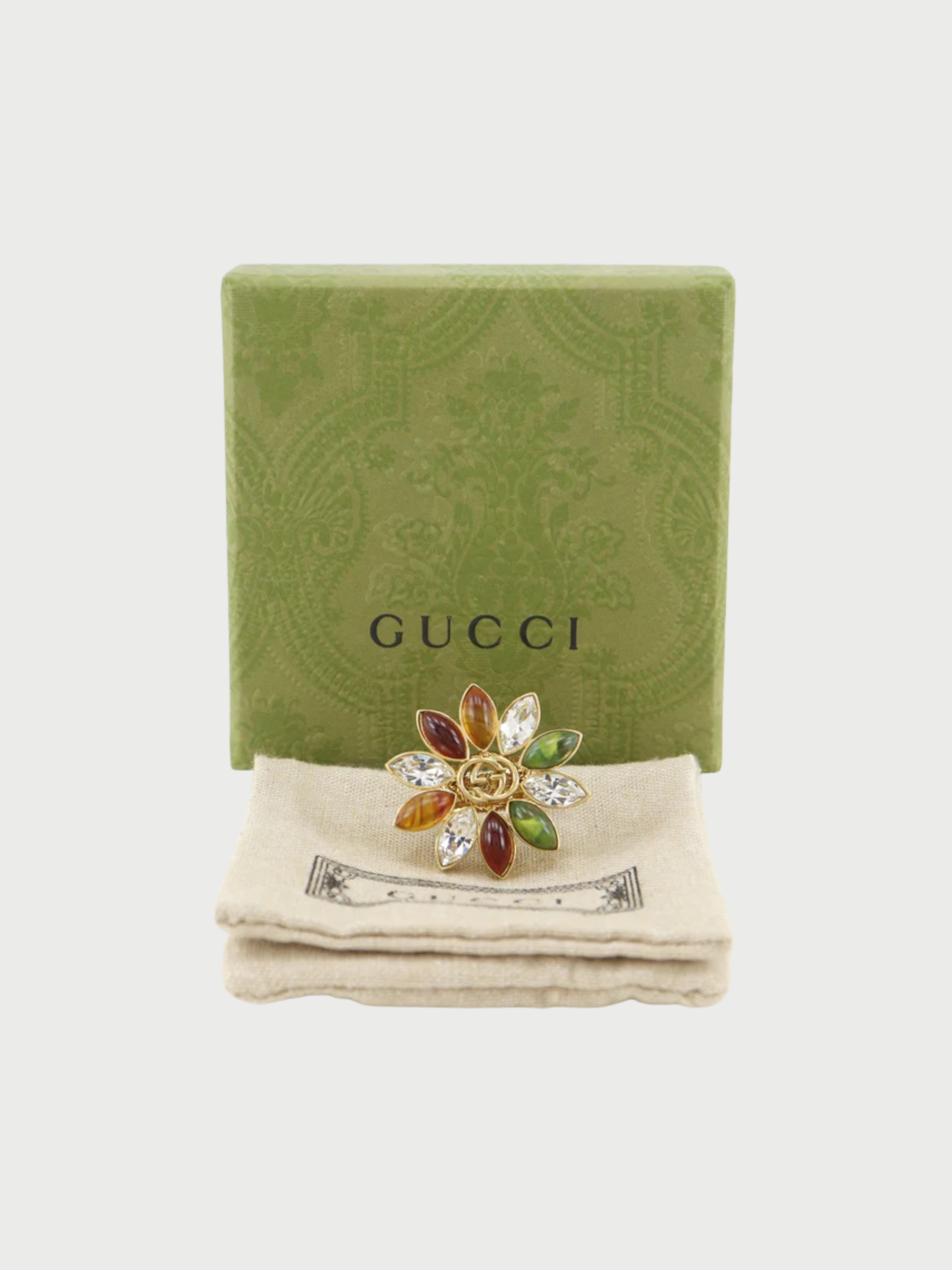 Gucci 2010s Gold Plated Metal Interlocking G Flower 3 Row Ring