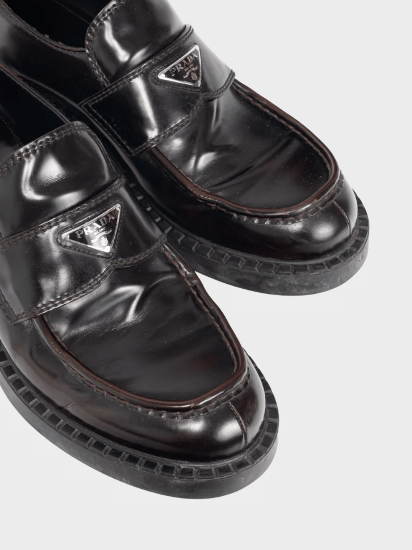 Prada 2010s Chocolate Logo-Plaque Leather Loafers