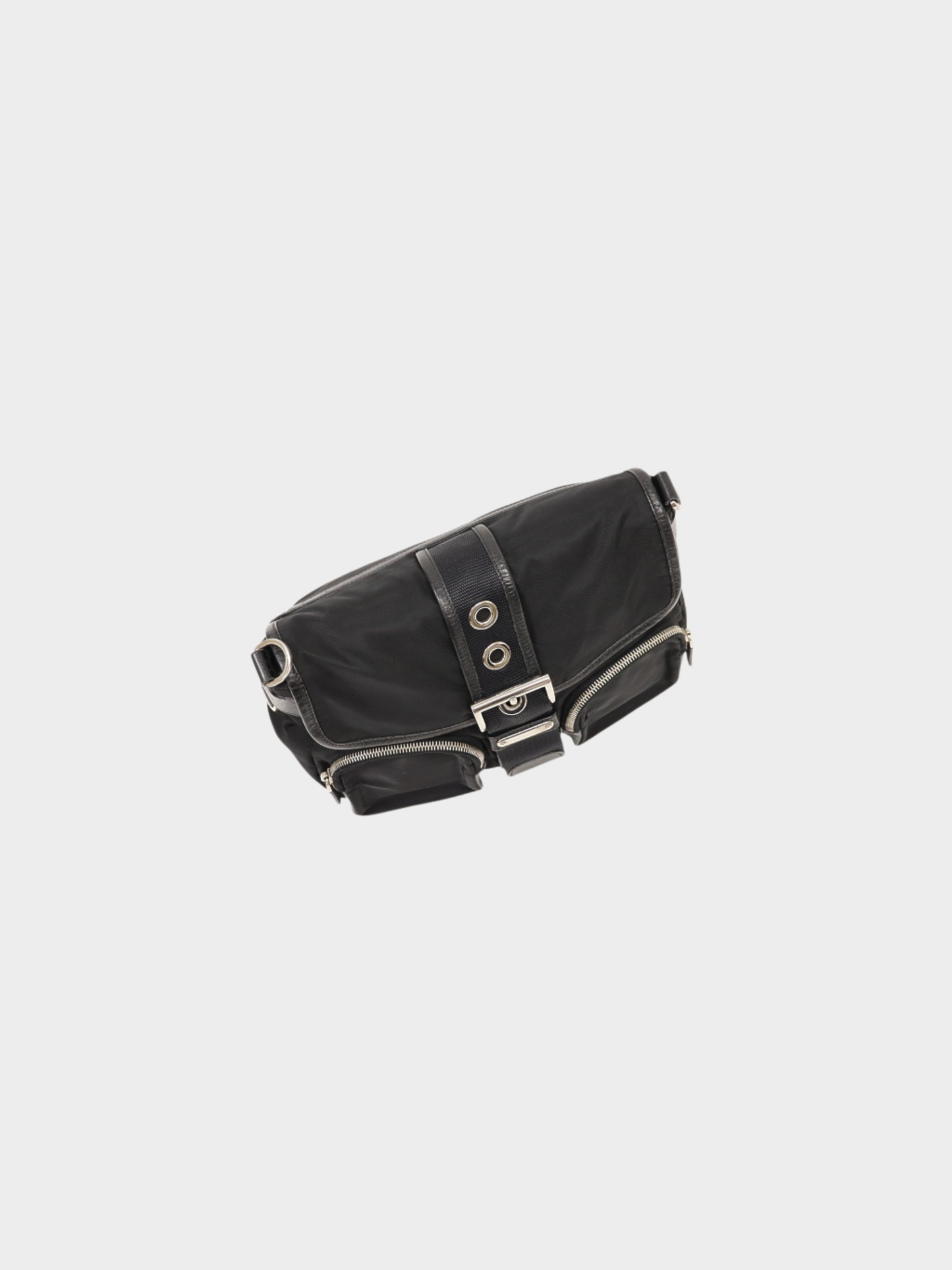 Prada 2000s Black Nylon Leather Triangle Logo Shoulder Bag