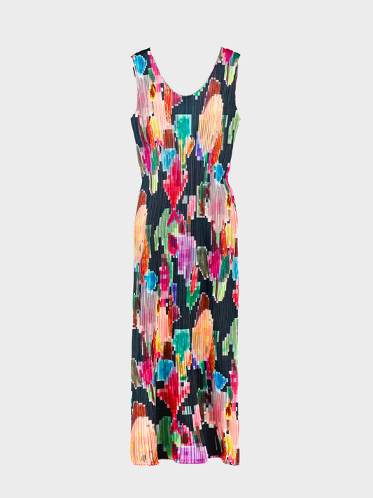 Issey Miyake Pleats Please 1990s Pixelated Multicolour Flower Print Pleated Dress
