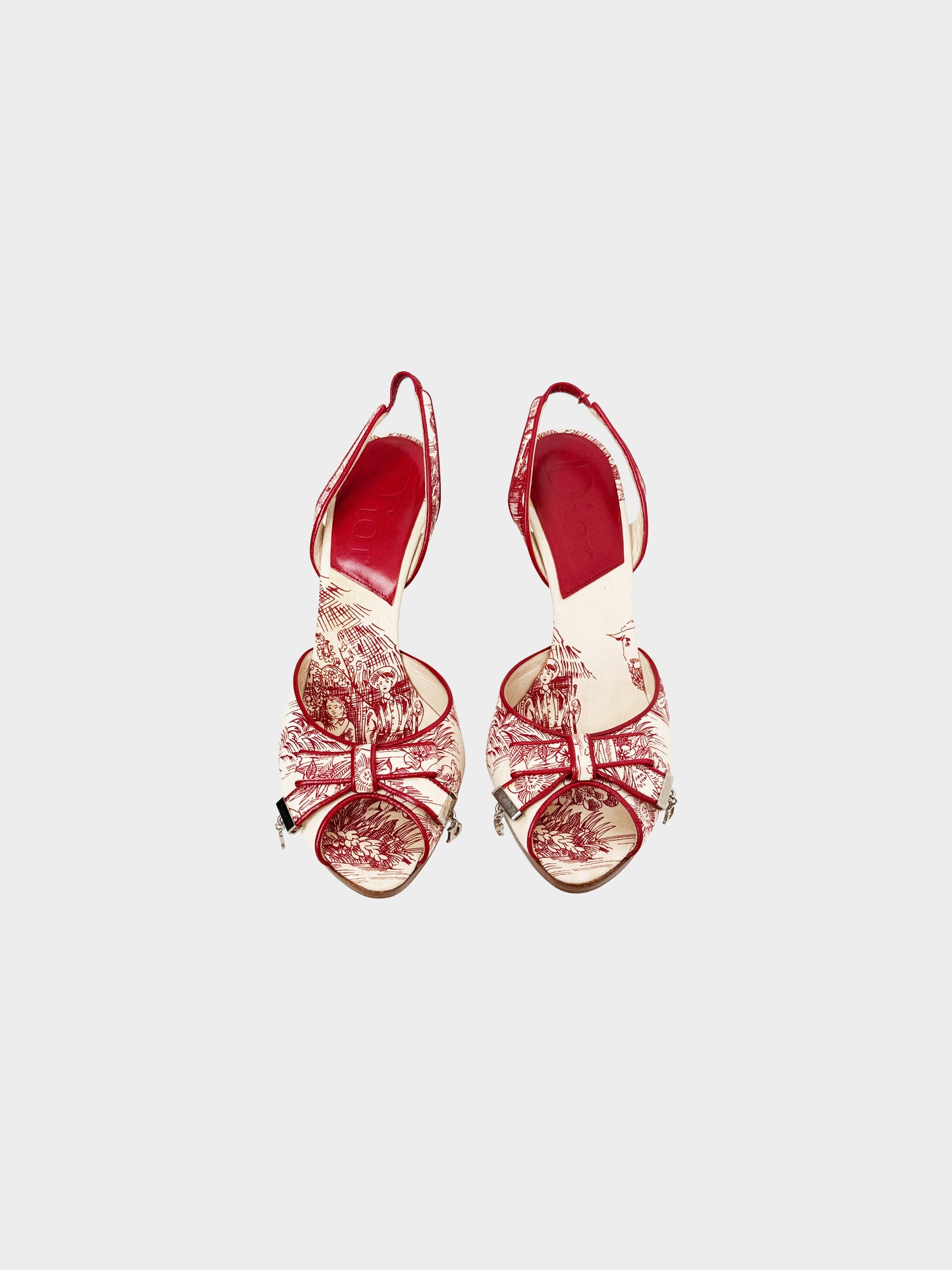 Christian Dior 2000s Beige and Red Canvas and Leather Peep-toe Heels