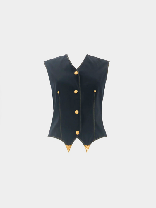 Gianni Versace Versus FW 1992 Black Gold Medusa Button Vest Top