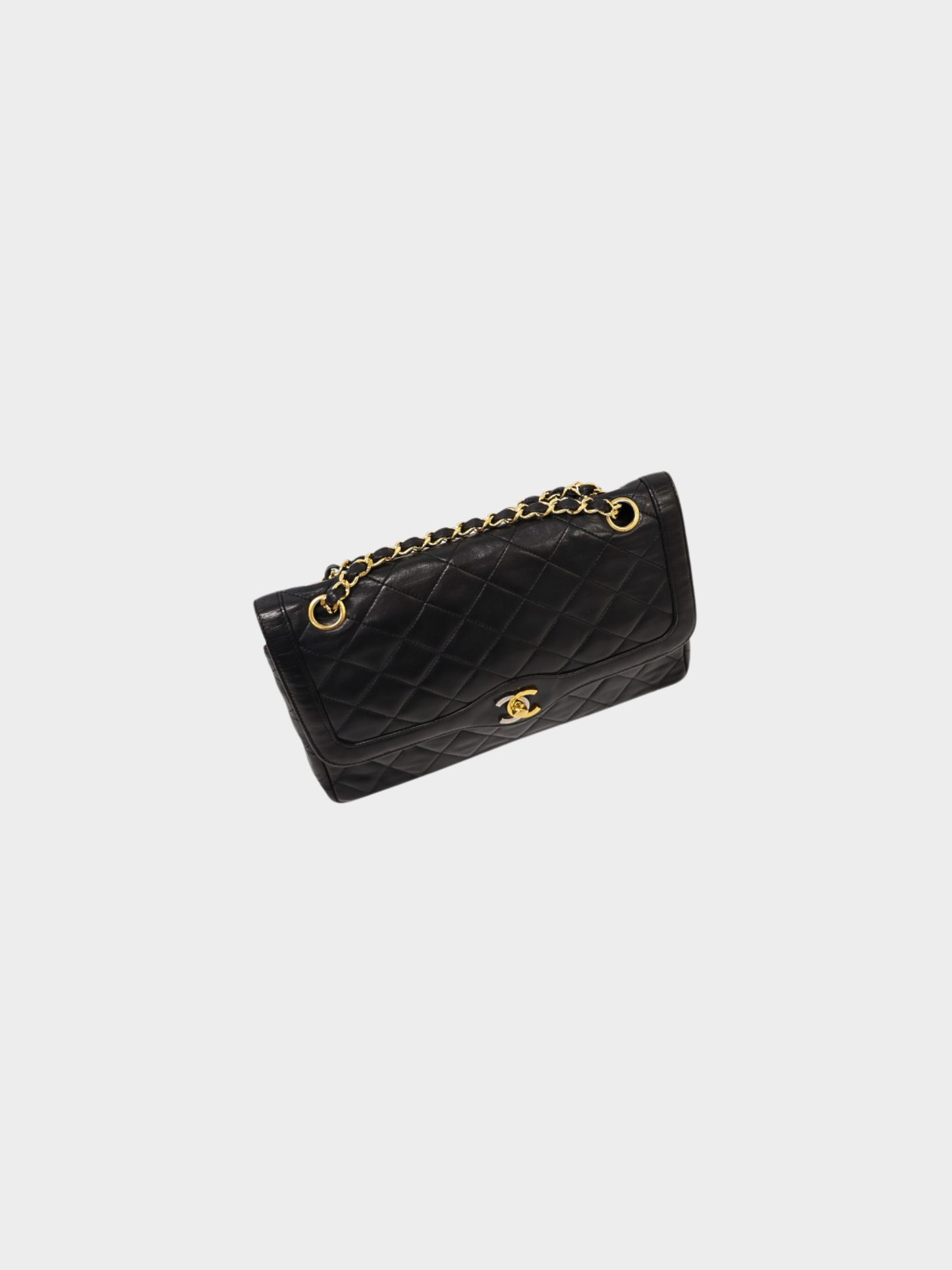 Chanel 1980s Black Lambskin Paris Matelassé W Flap Chain Shoulder Bag