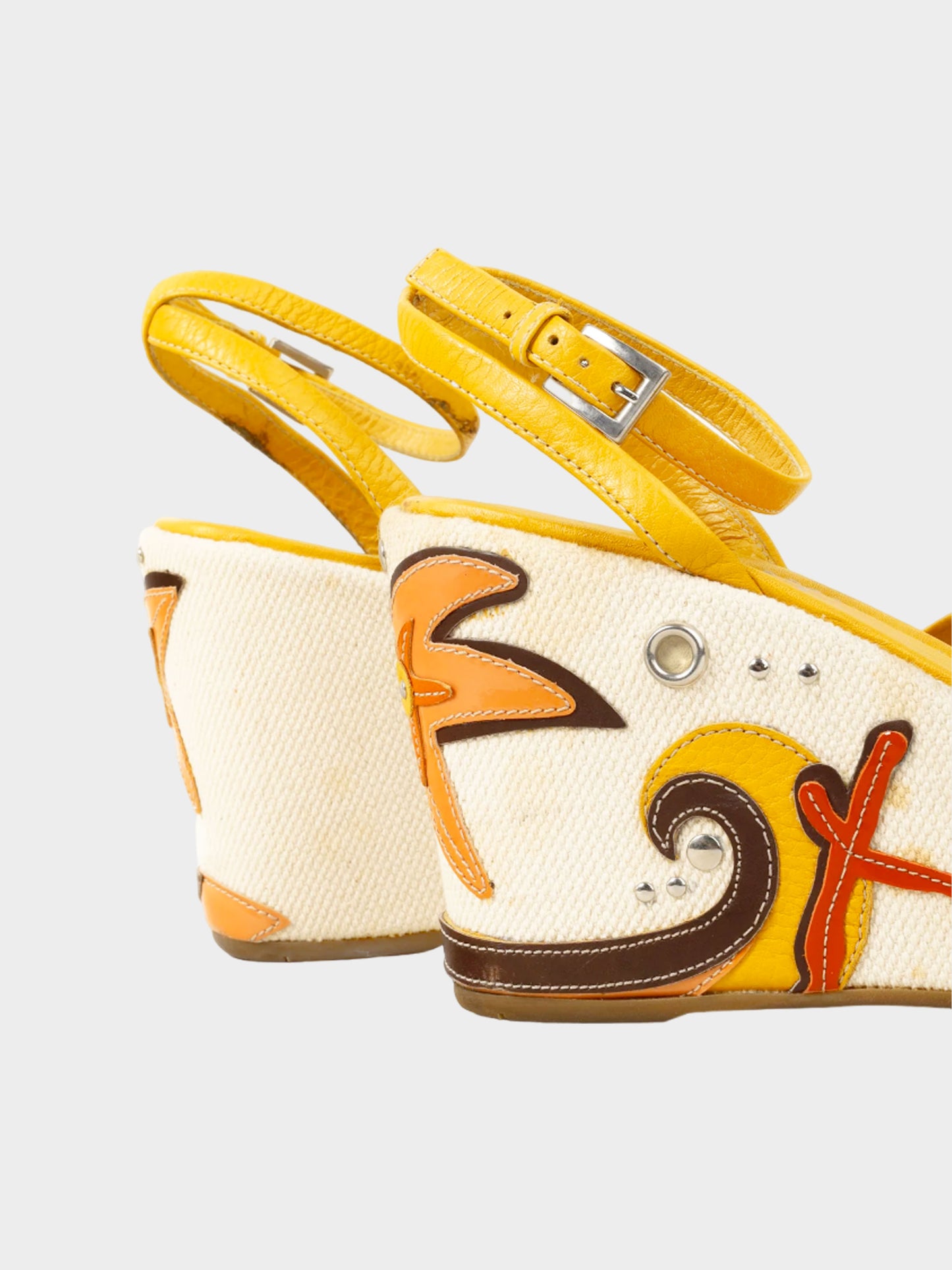Prada 2000s Yellow Beach Theme Appliqué Espadrille Platform Wedge Sandals