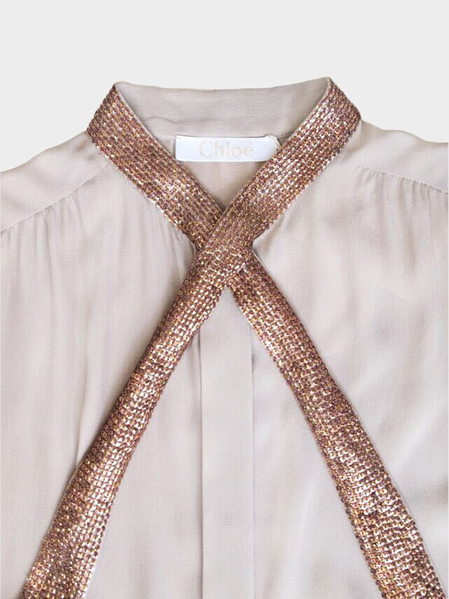 Chloé 2000s Beige Silk Shirt with Brown Sequined Collar