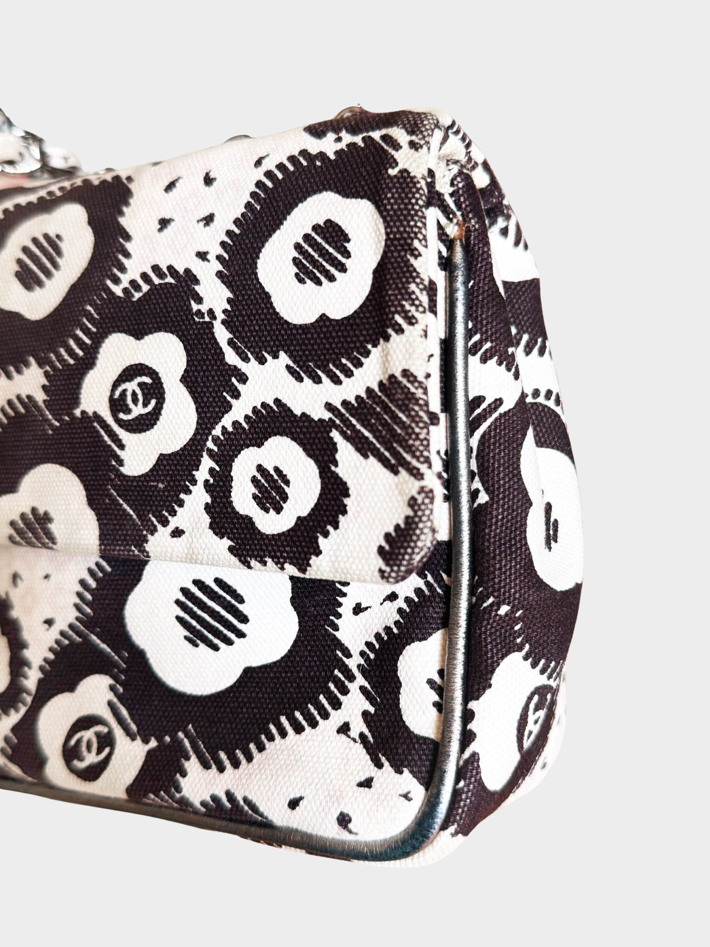 Chanel 2005-2006 White Canvas Camellia Print Flap Bag