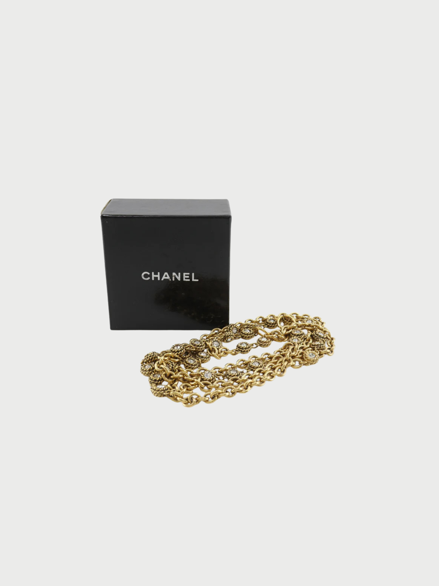 Chanel 1990s Gold Plated Metal Rhinestone Chain Belt