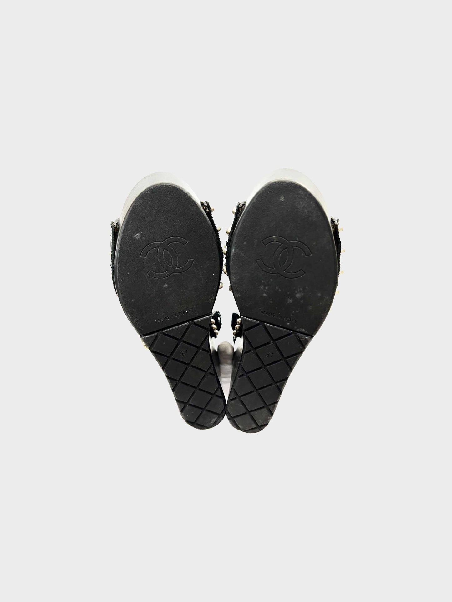 Chanel Cruise 2016 Black Patent Leather and Sequins Lotus Wedge Sandals