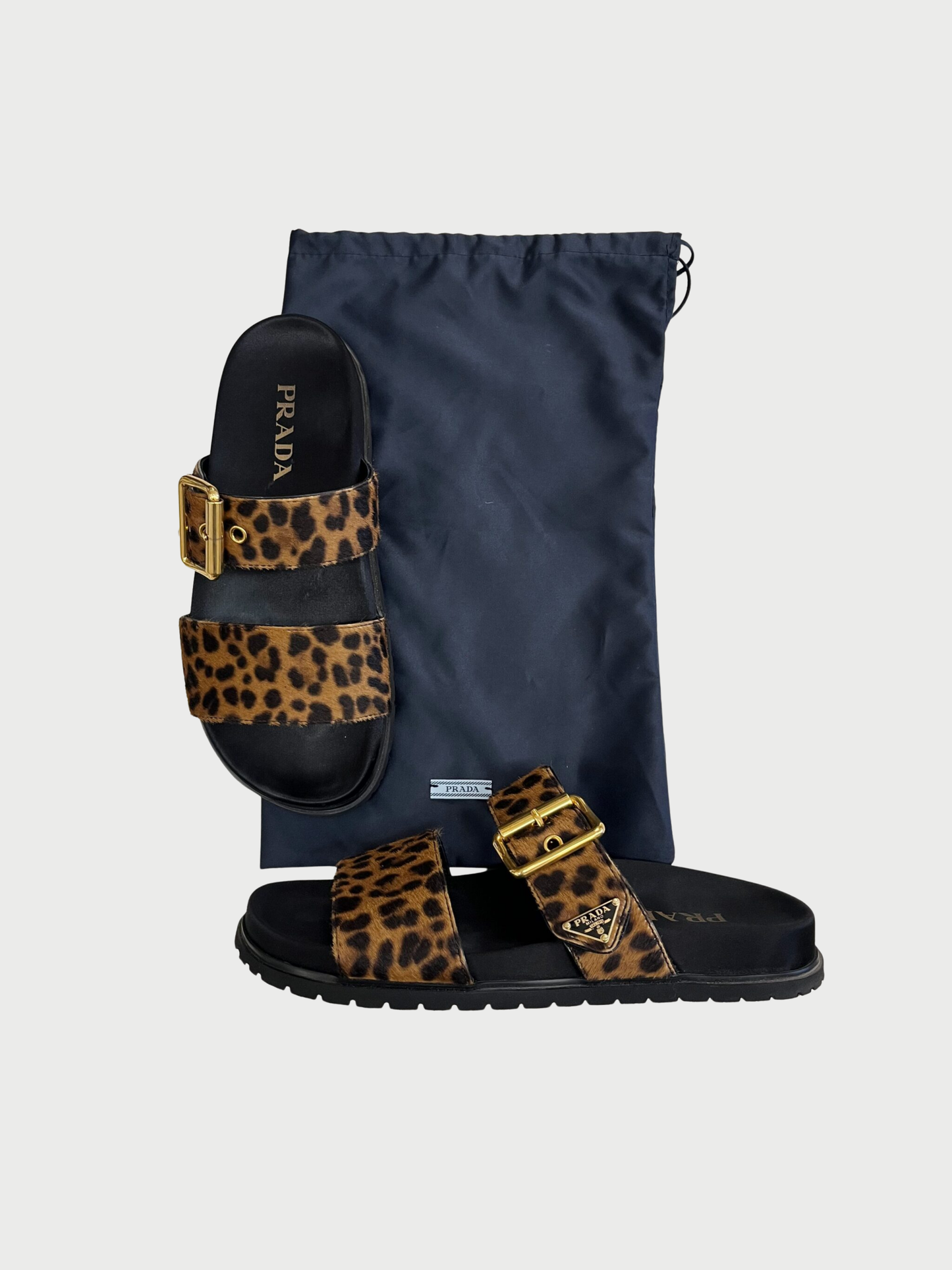 Prada 2010s Leopard Pony Hair Triangle Logo Sandals