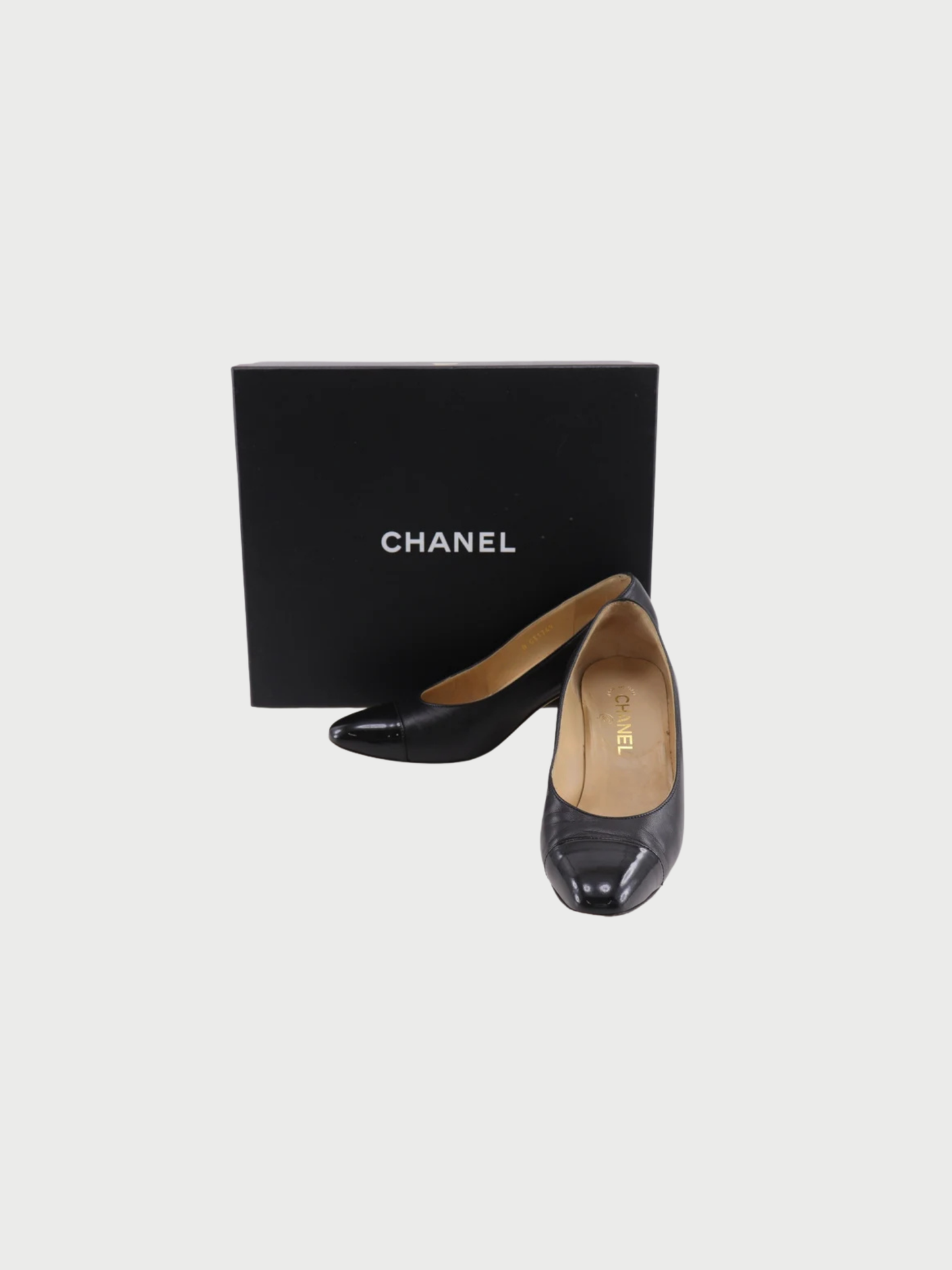Chanel 2000s Black Leather Patent COCO Mark Cap Toe Pumps