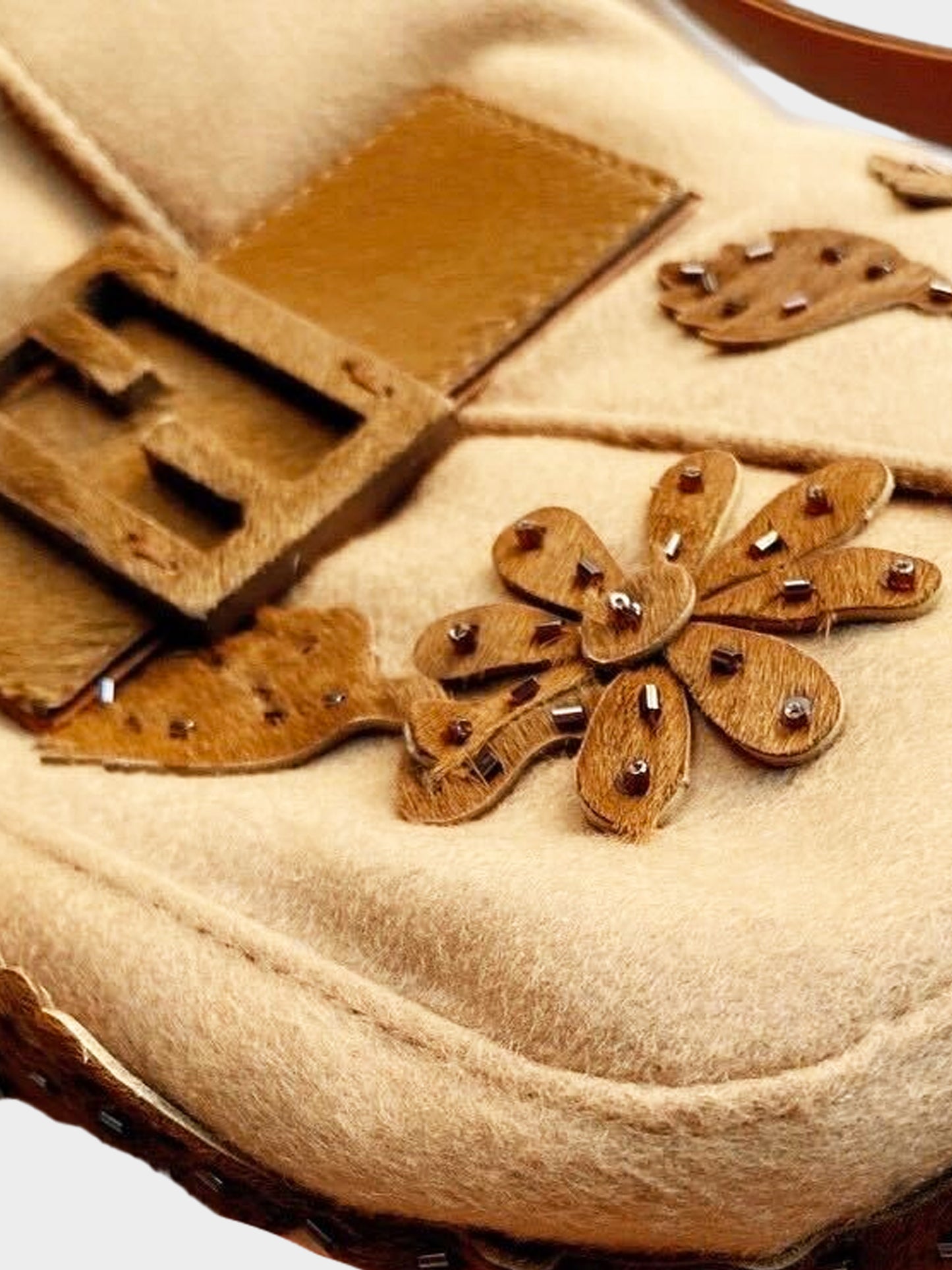 Fendi 2000s Brown Felt and Pony Hair Applique Baguette