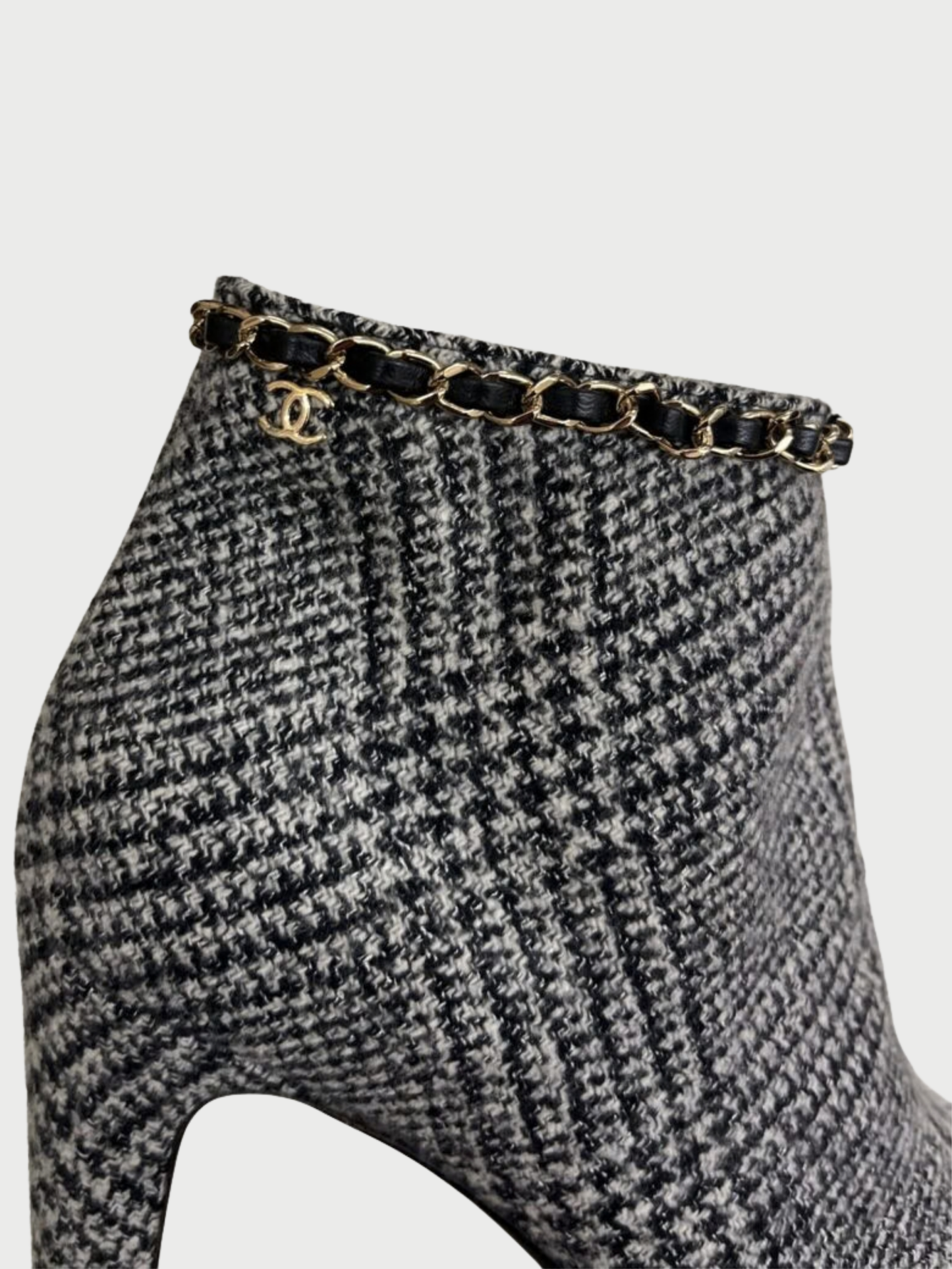 Chanel FW 2019 Black Wool Prince of Wales Check Chain Booties
