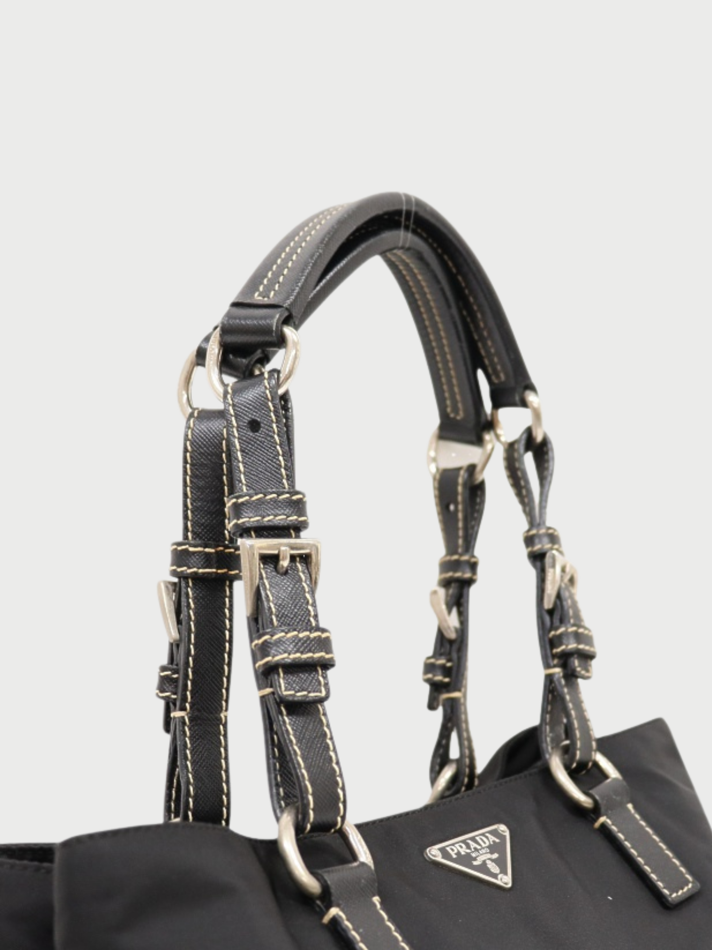 Prada 2000s Black Nylon Leather Triangle Logo Tote Bag