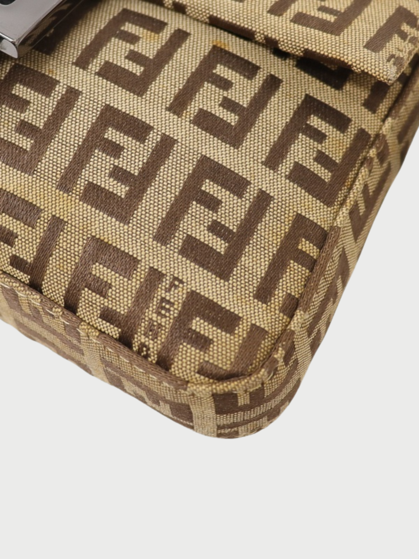 Fendi 2000s Beige Brown Zucchino Canvas Leather Mamma Baguette Bag