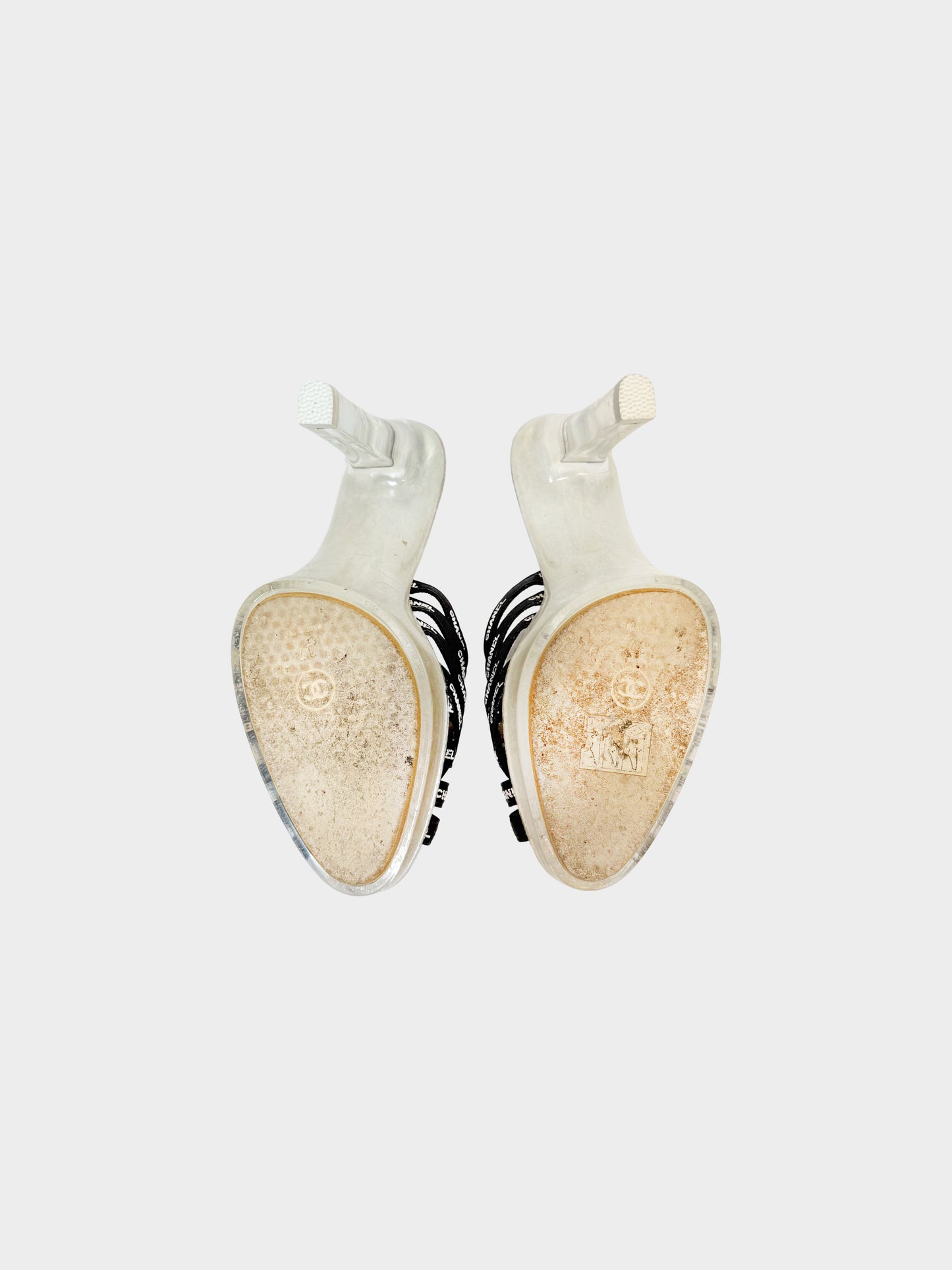 Chanel SS 1997 Black Ribbon Logo PVC Heeled Mules