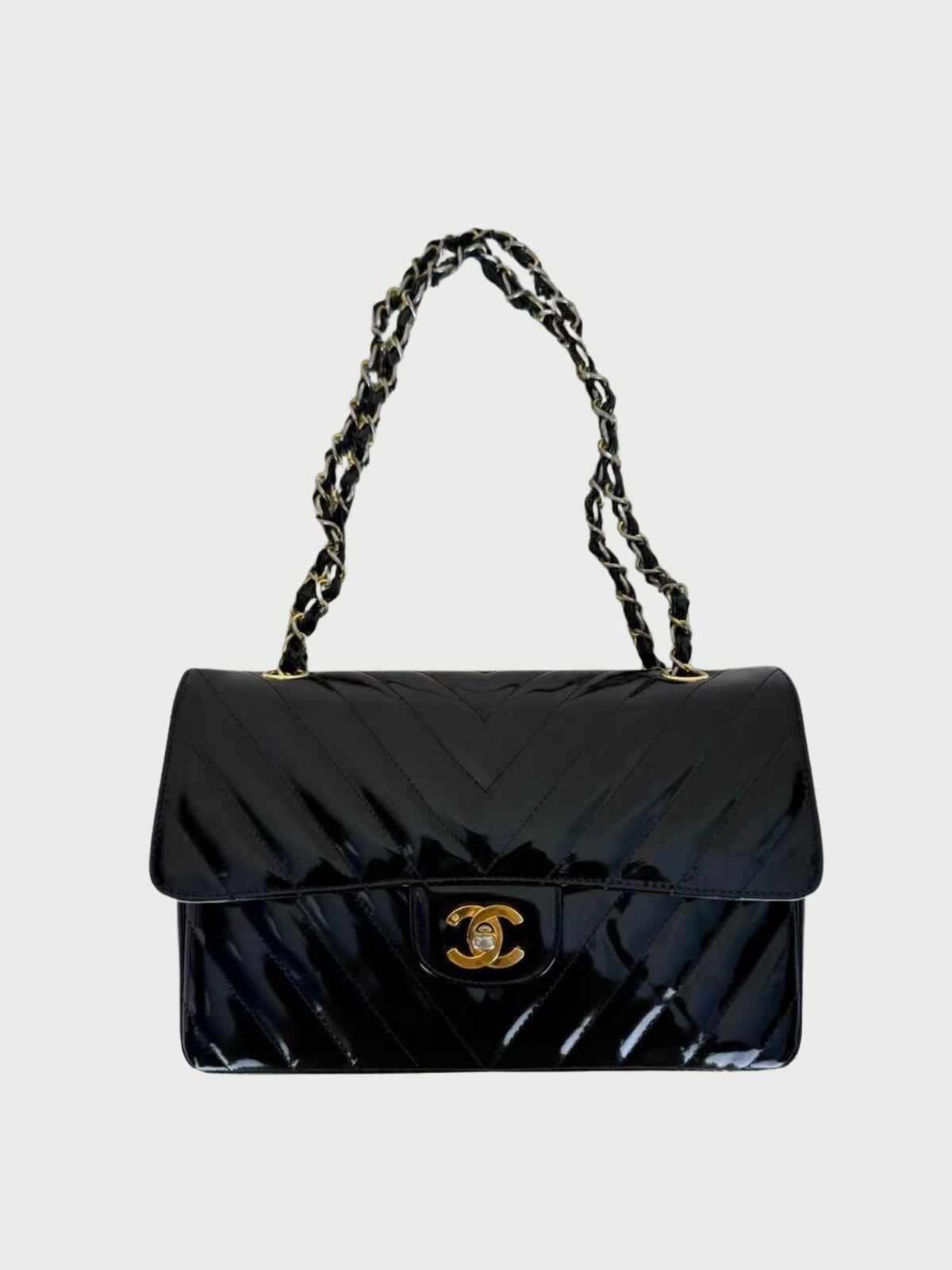 Chanel 2010s Black Patent Chevron Leather Shoulder Bag