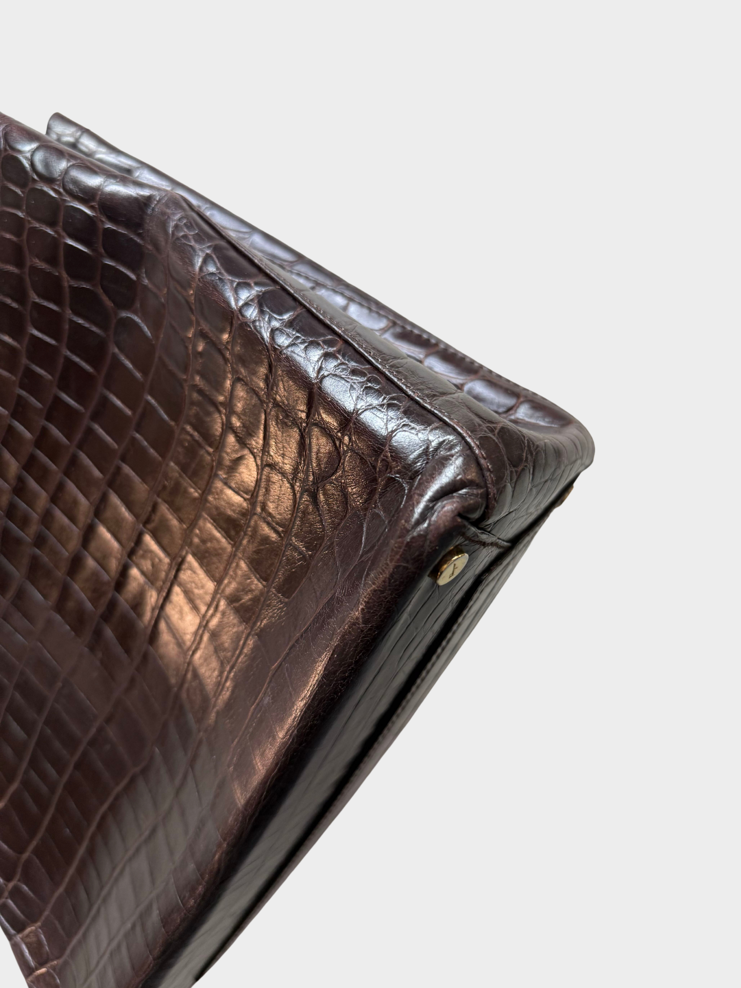 Salvatore Ferragamo 1990s Dark Brown Croc-Embossed Leather Vara Handbag