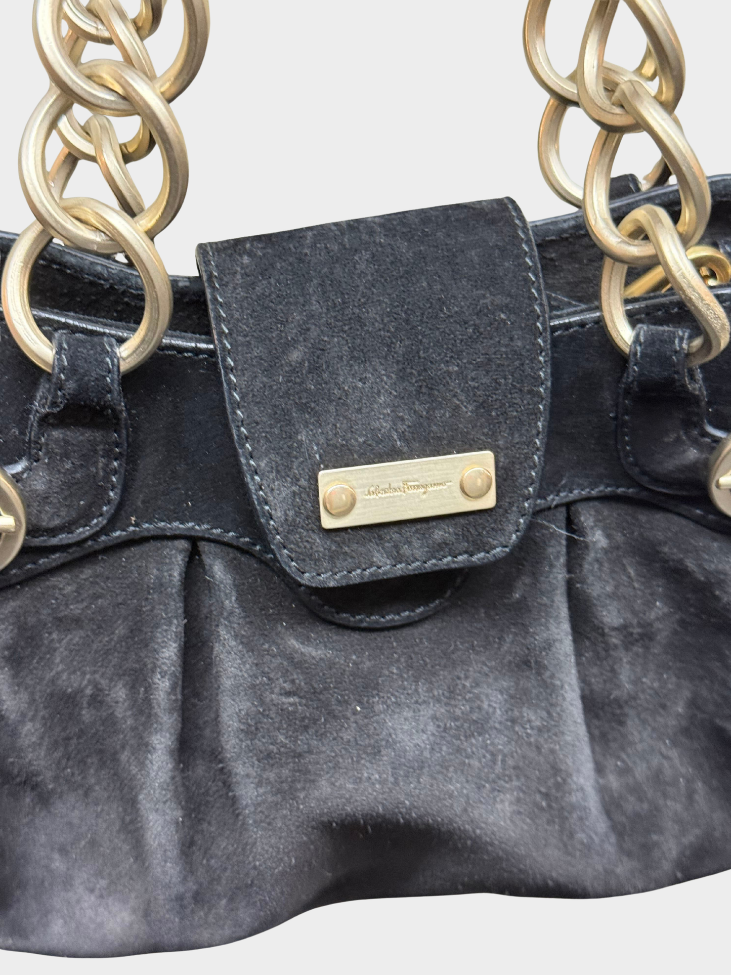 Salvatore Ferragamo 2000s Black Suede Marissa Gancini Chain Handbag