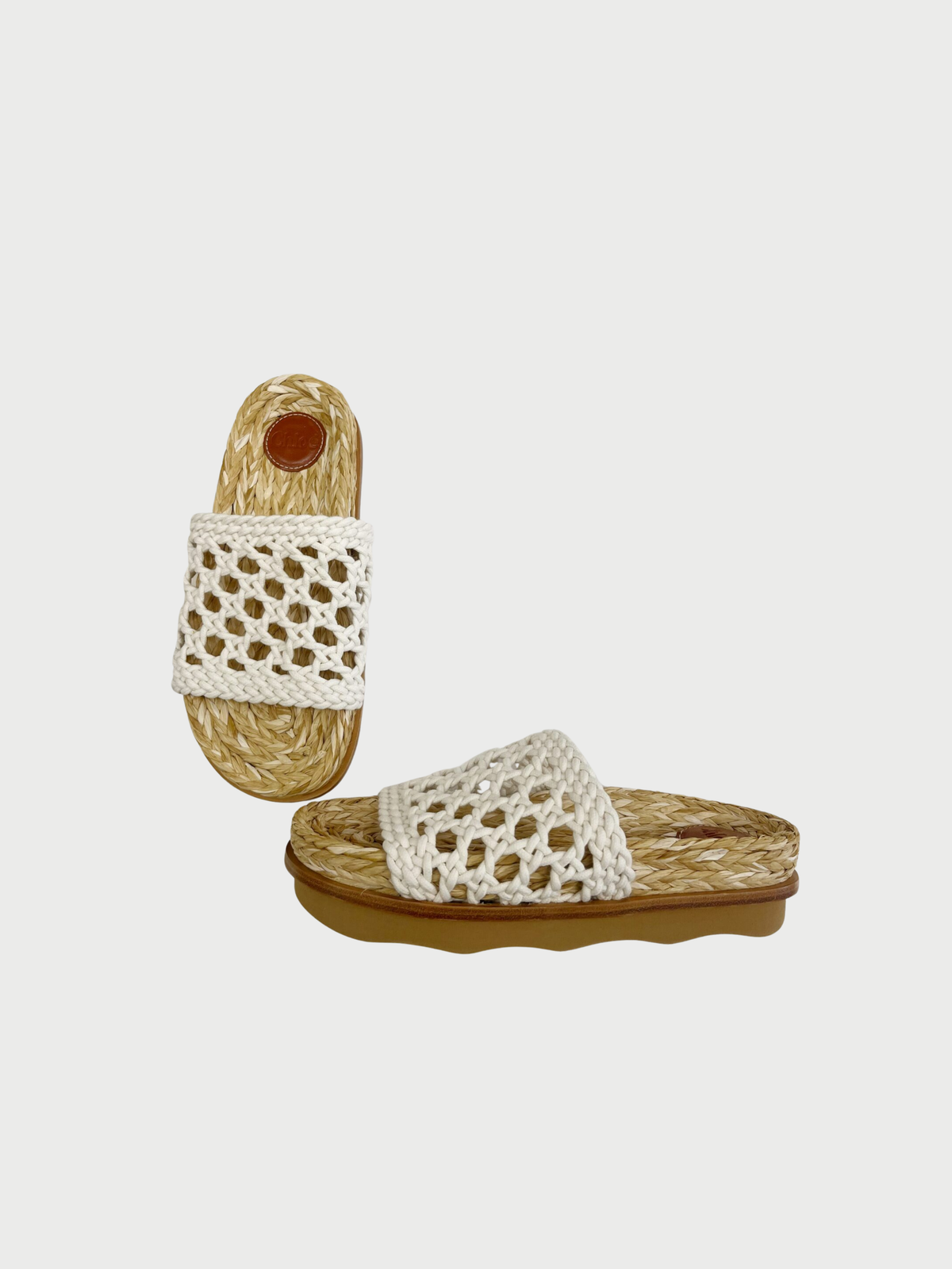 Chloé 2020s Cream Raffia Wavy Crochet Slides