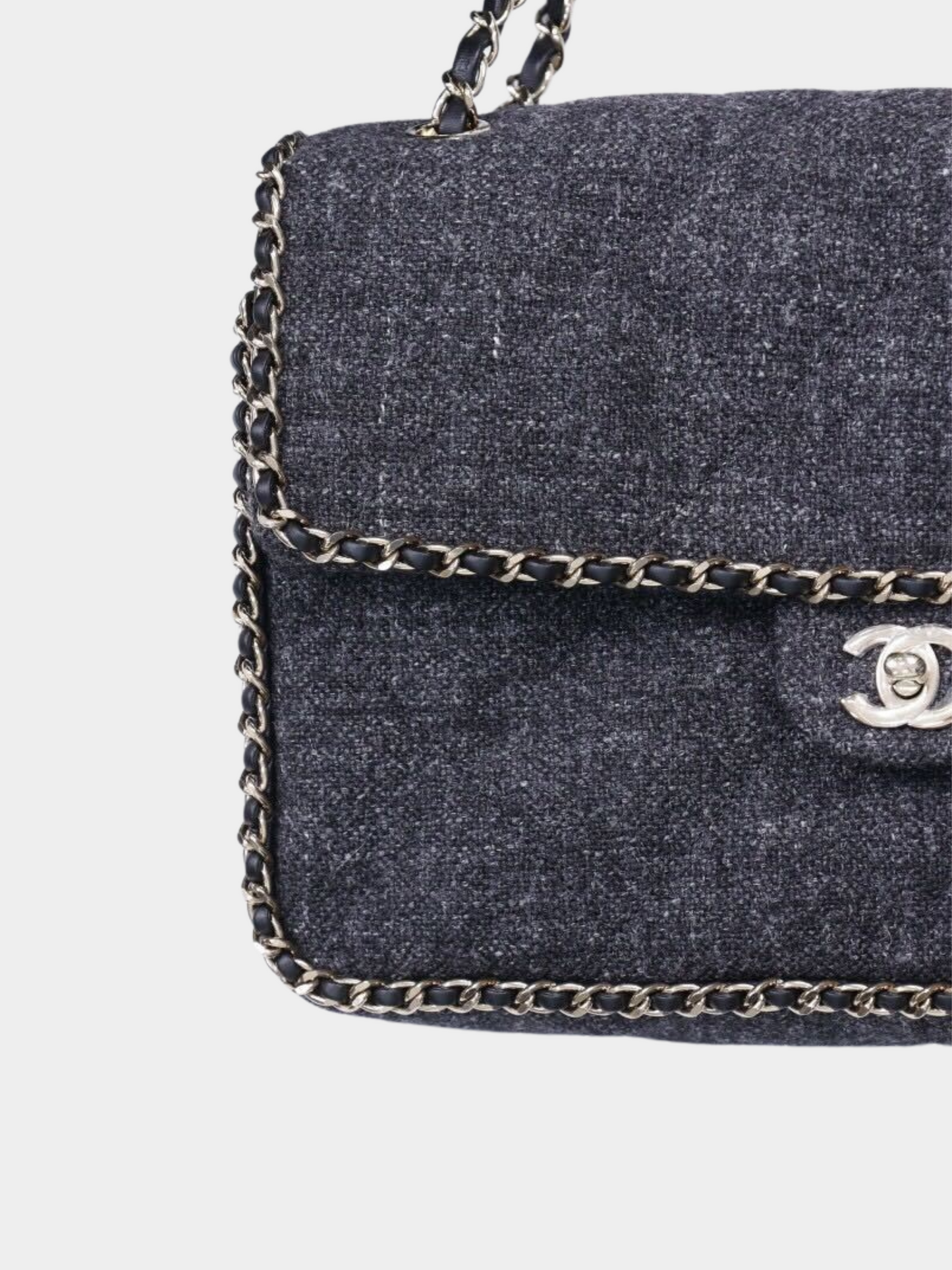 Chanel 2010s Grey Tweed Classic Flap Shoulder Bag with Leather-Woven Chain