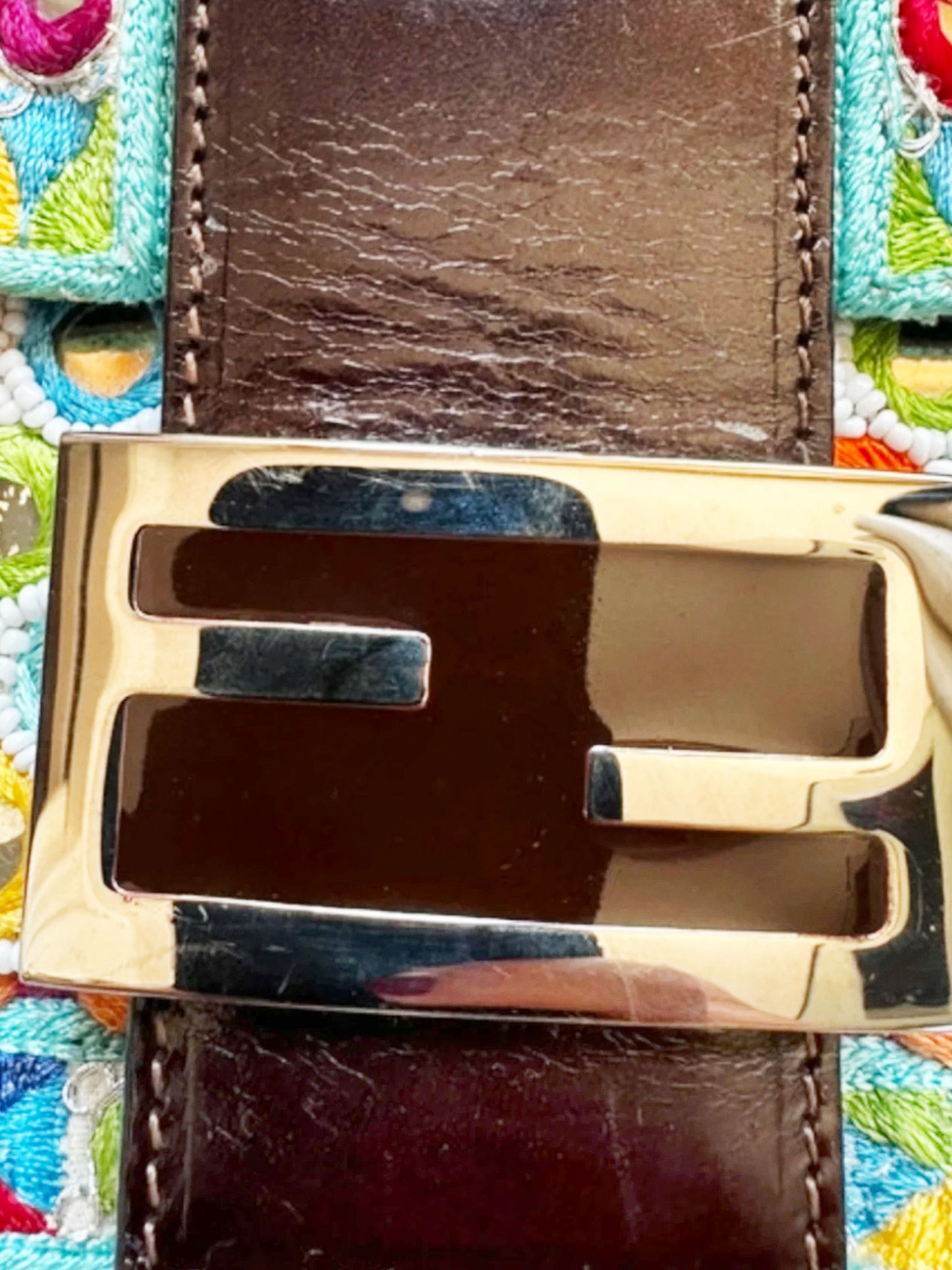Fendi 1997 Rare Multicolor Specchietti Mirror and Pearl Embroidery Baguette Bag