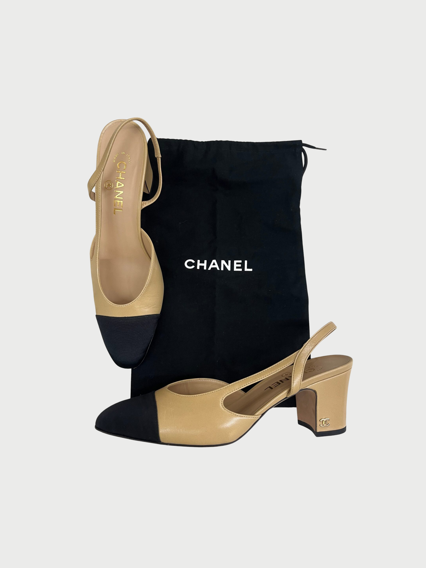 Chanel 2015 Beige Goatskin Leather Black Grosgrain Slingback Heels