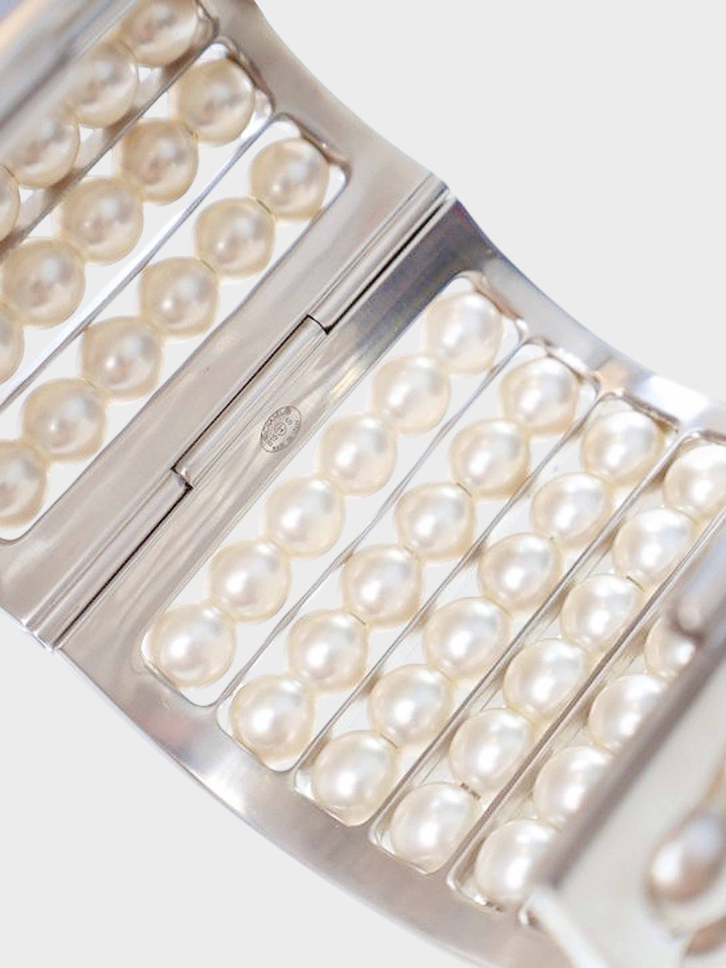 Chanel 2015 Silver Metal and Faux Pearls Wide Cuff Bracelet