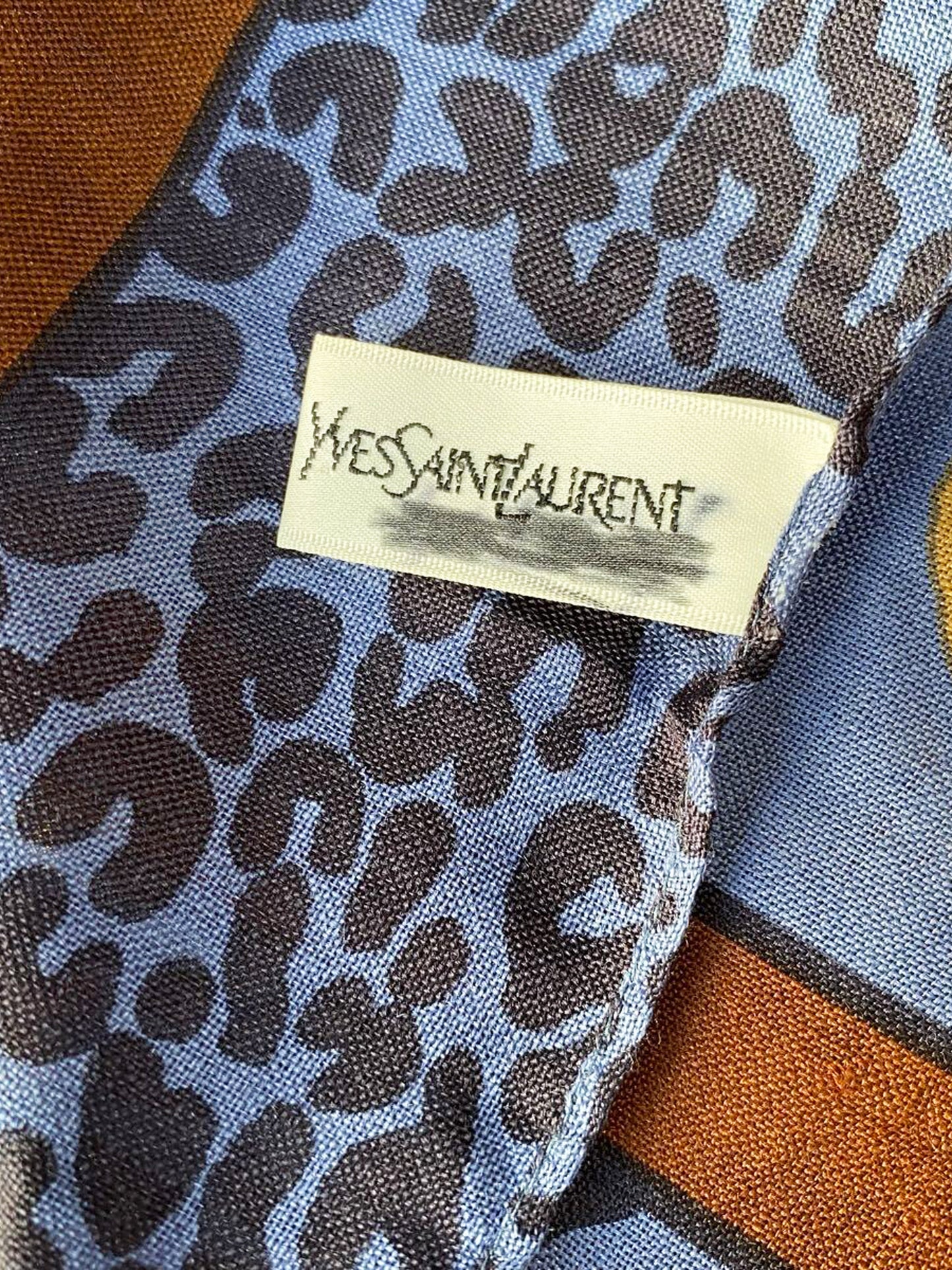 Yves Saint Laurent 1980s Rare Blue and Brown Leopard Print Silk Scarf