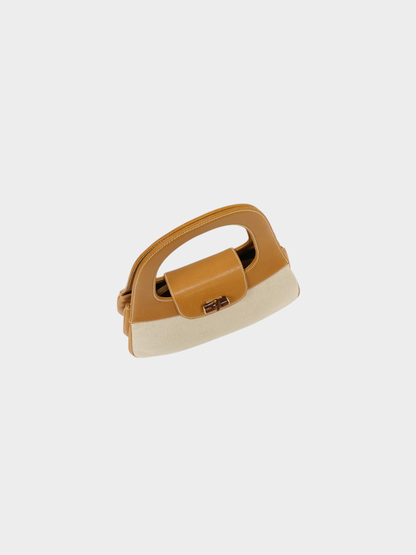 Gucci 2000s Ivory Brown Canvas Leather Bamboo Turn Lock Handbag