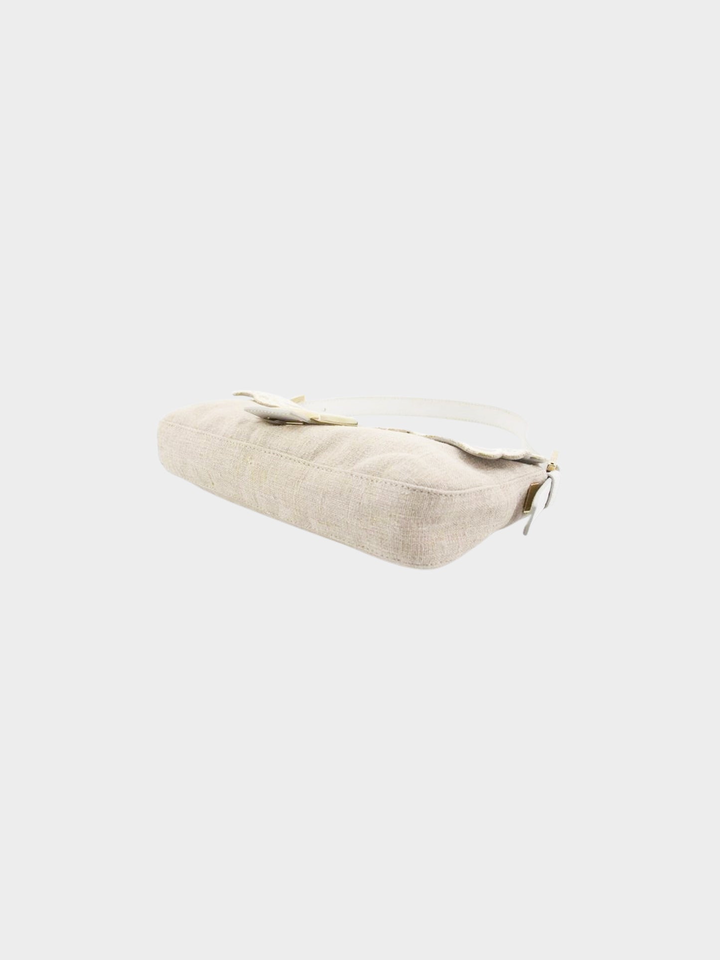 Fendi 2000s Beige and White Floral Embroidered Linen Baguette