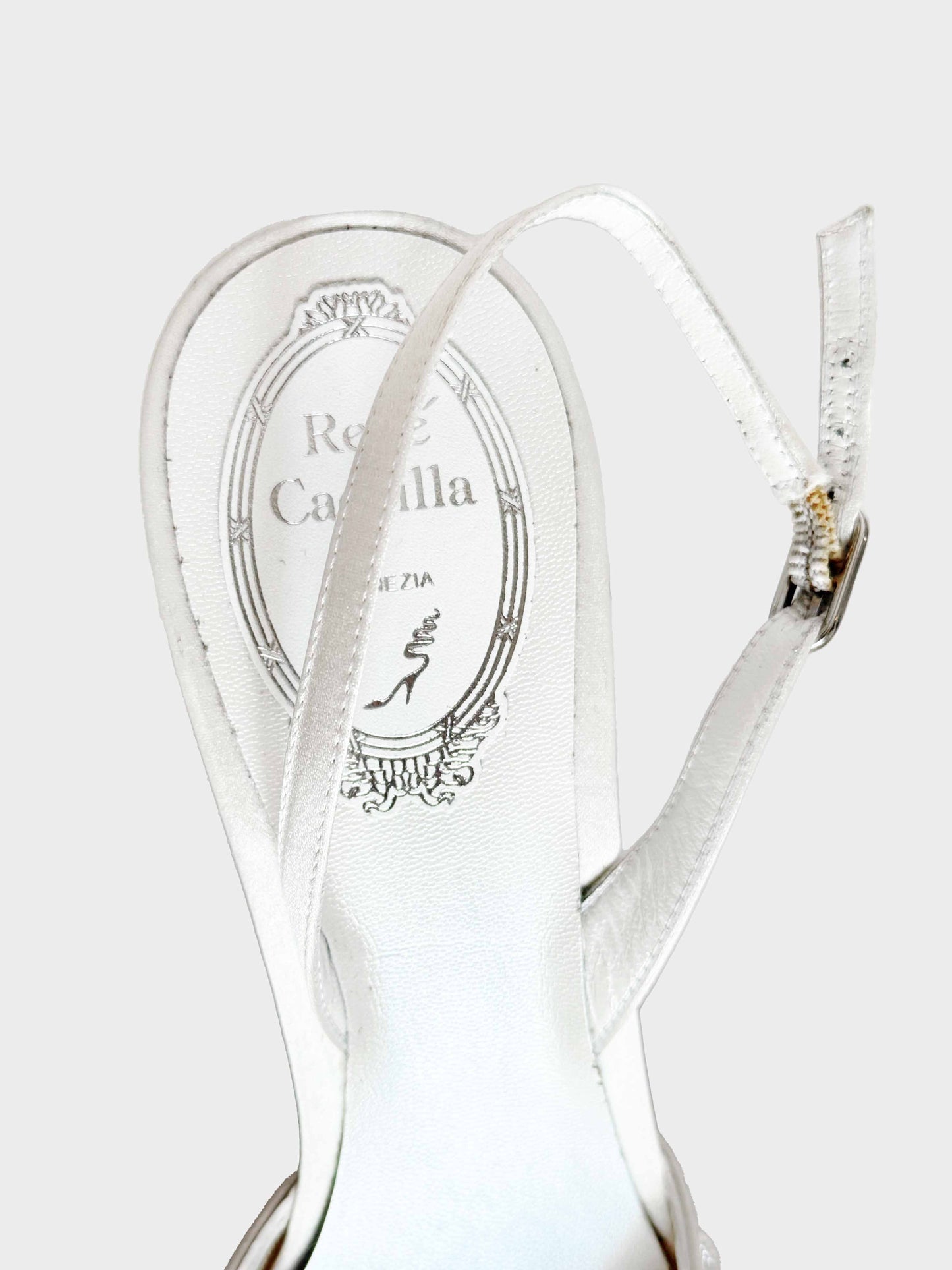René Caovilla 2010s White and Silver Beaded Slingback Heels