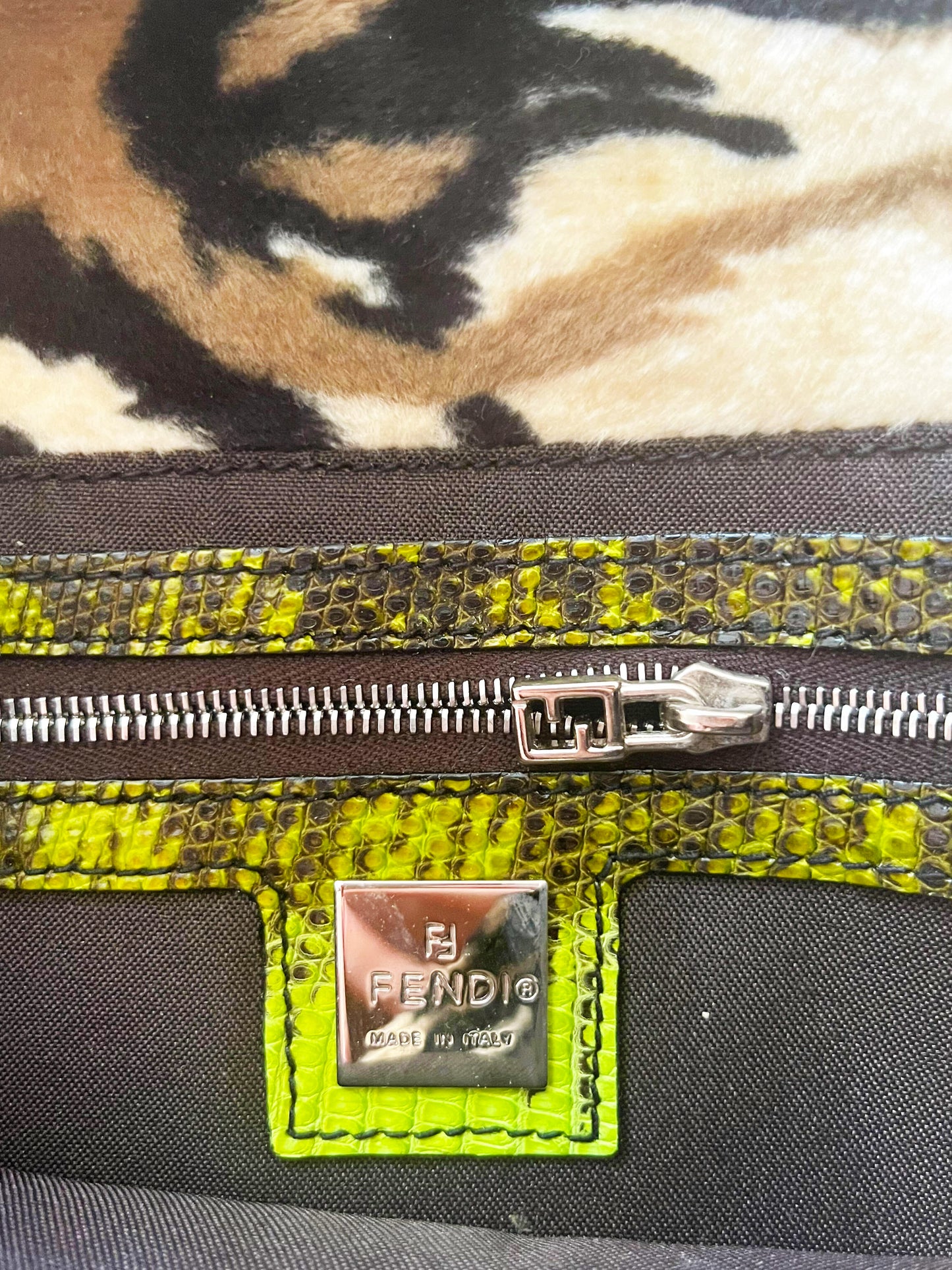 Fendi 2000s Zebra and Green Python Baguette