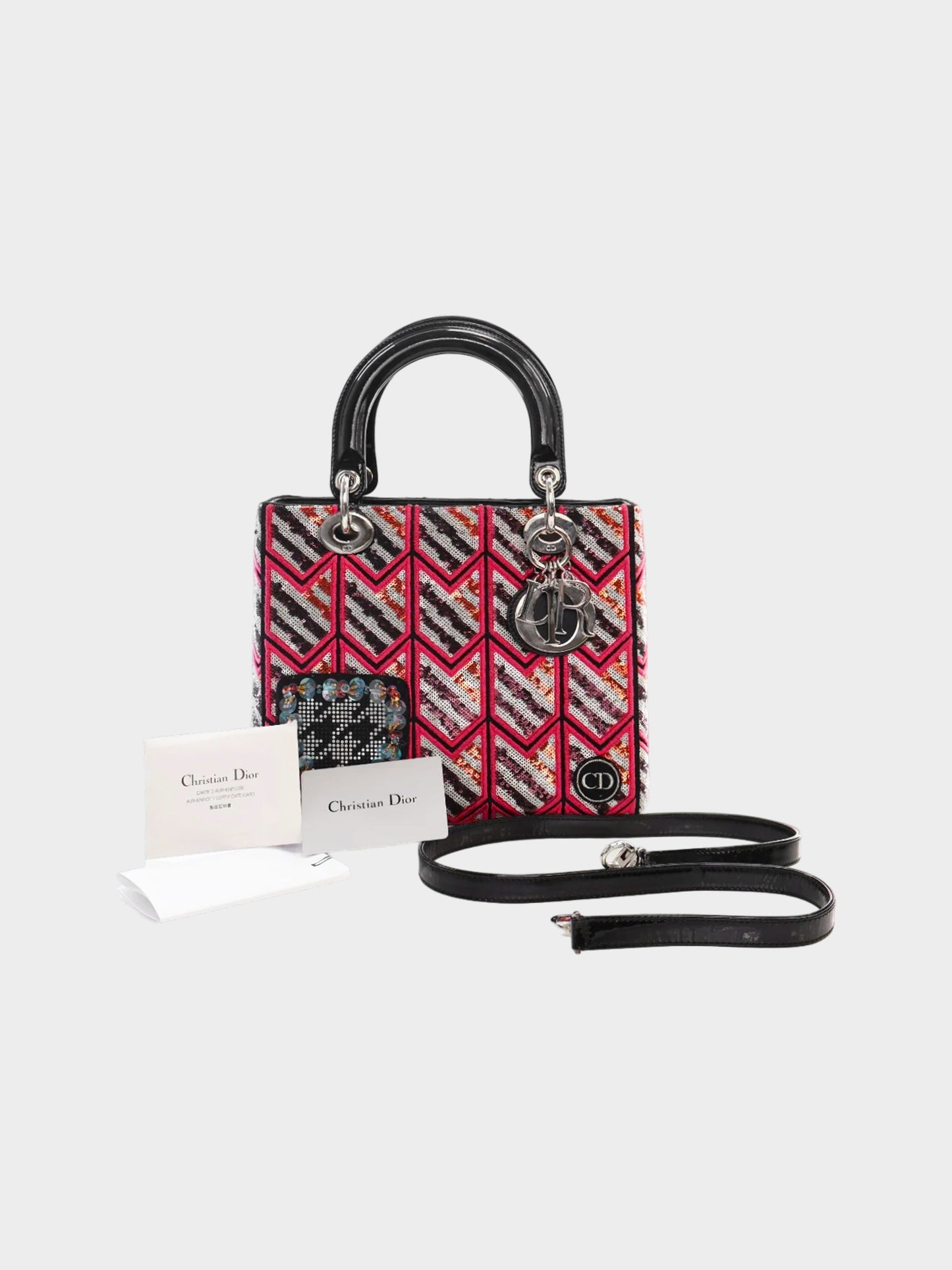 Christian Dior 2015 Sequin Embroidered Patent Leather Lady Dior Medium Handbag