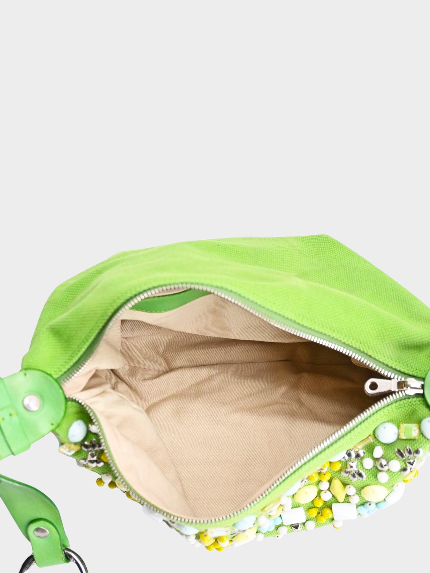 Chloe 2004 Green Canvas and Leather Beaded Hobo Bag