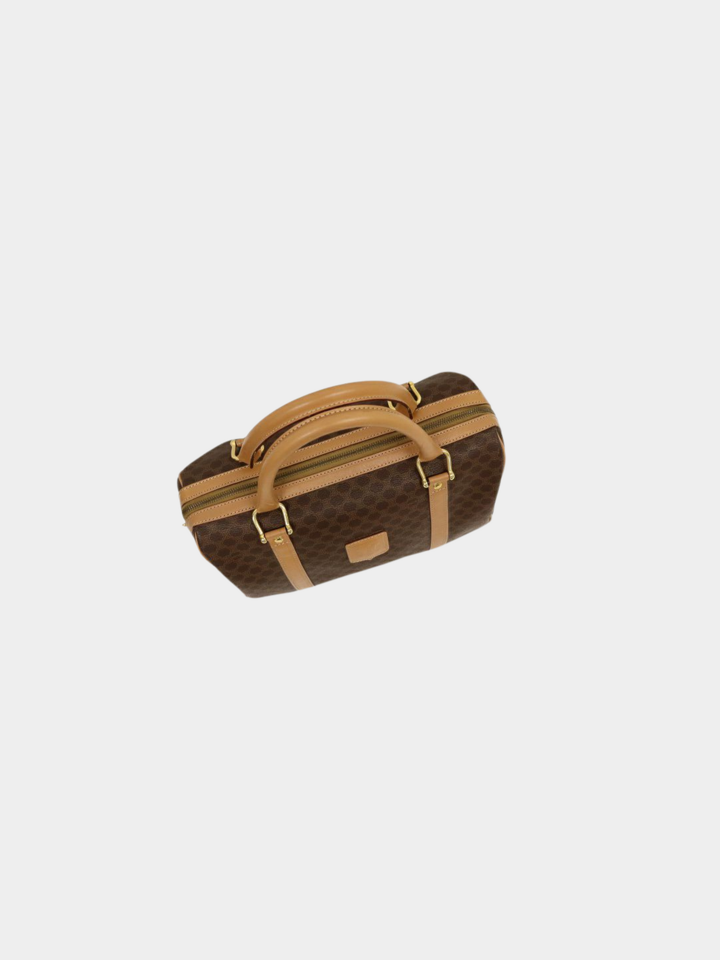 Celine 1990s Brown PVC and Leather Macadam Blazon Embossed Boston Bag