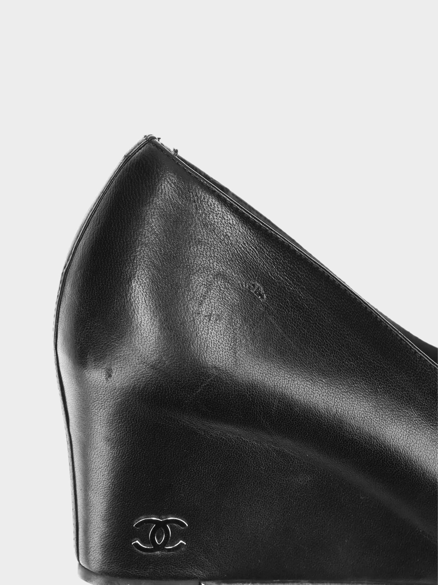Chanel 2011 Black Lambskin Leather CC Wedge Pumps