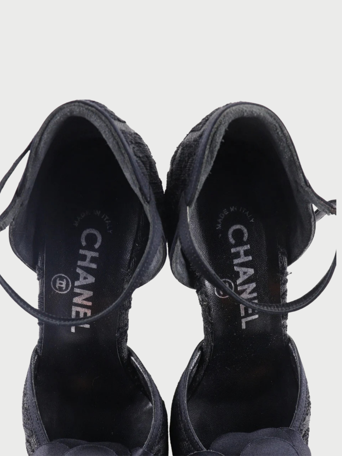 Chanel 2000s Black Satin Camellia Ankle Strap Sandals