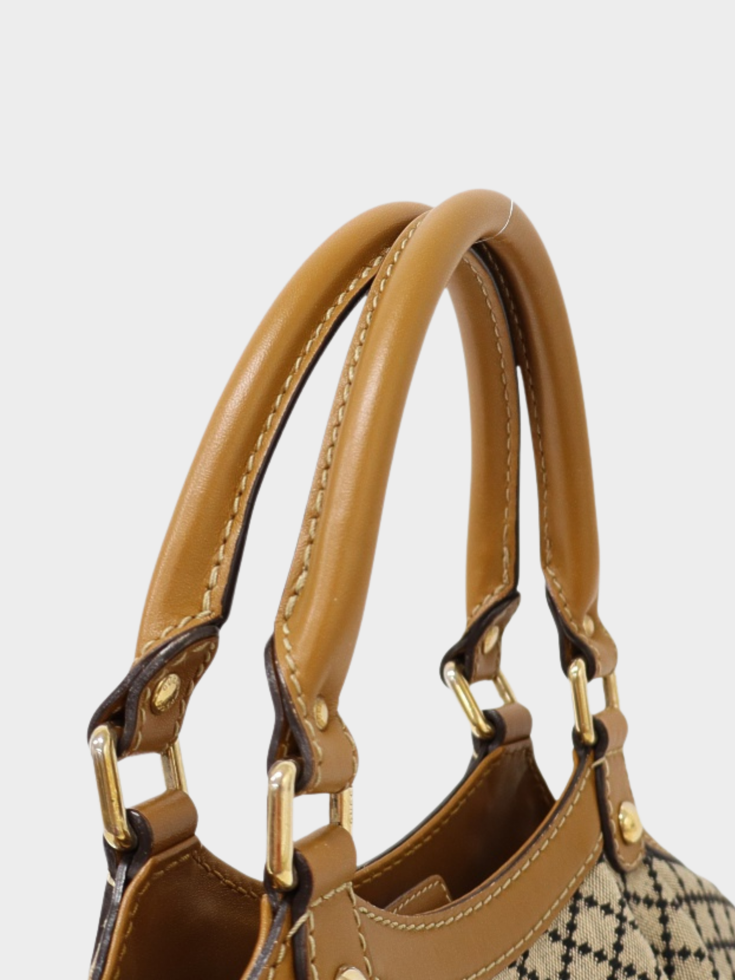 Gucci 2000s Brown Beige Diamante Canvas Leather Handbag