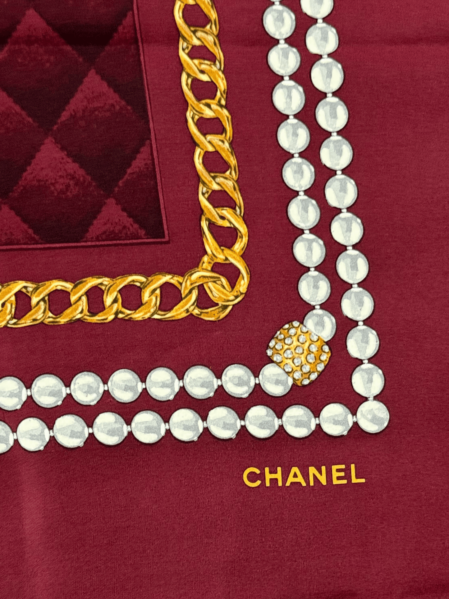 Chanel 1990s Burgundy Quilted Matelassé Pearl Border Silk Scarf