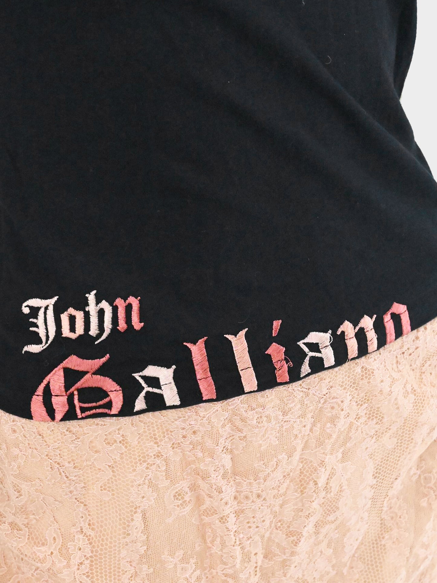 John Galliano 2003 Black and Beige Floral and Logo Embroidered Shirt and Lace Skirt Set