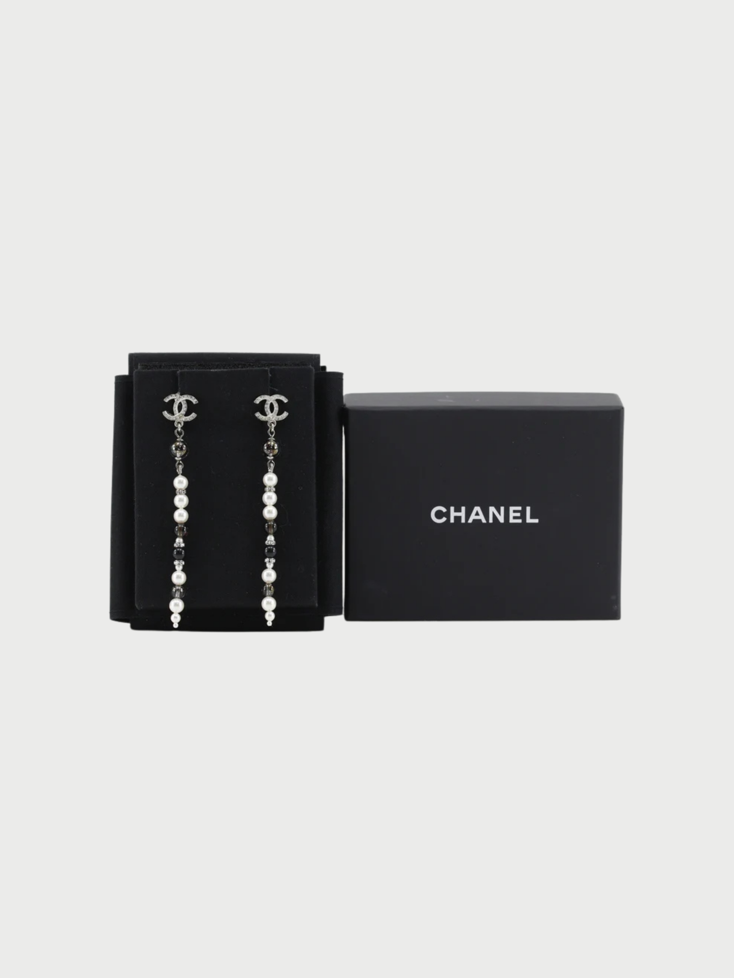 Chanel 2010s Silver Metal Pearl Rhinestone COCO Mark Long Earrings