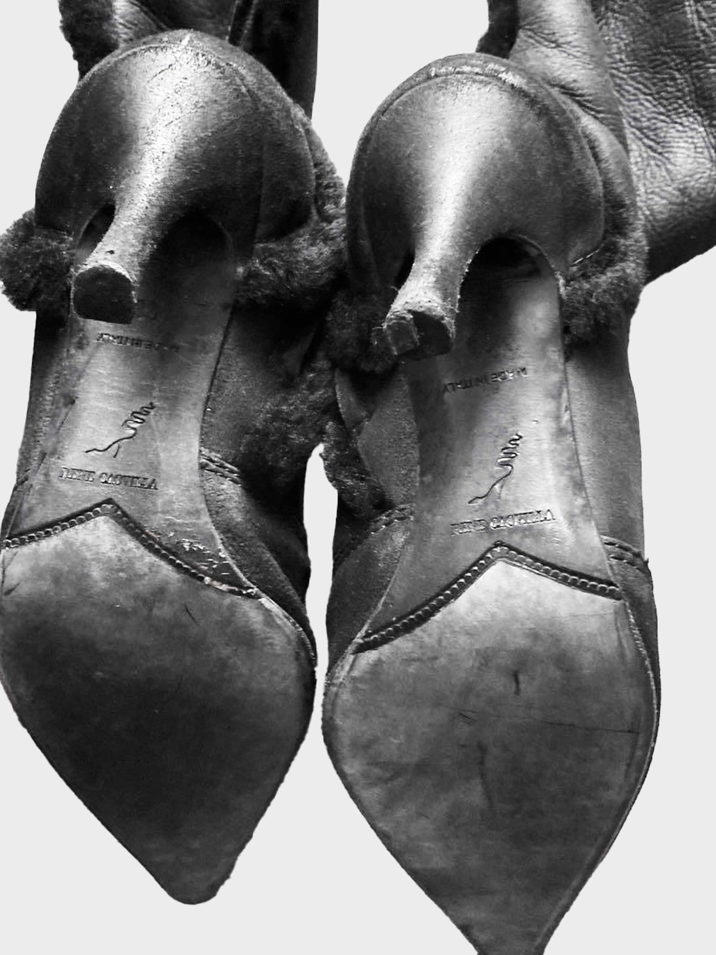 René Caovilla 2000s Black Leather and Fur Trim Long Boots