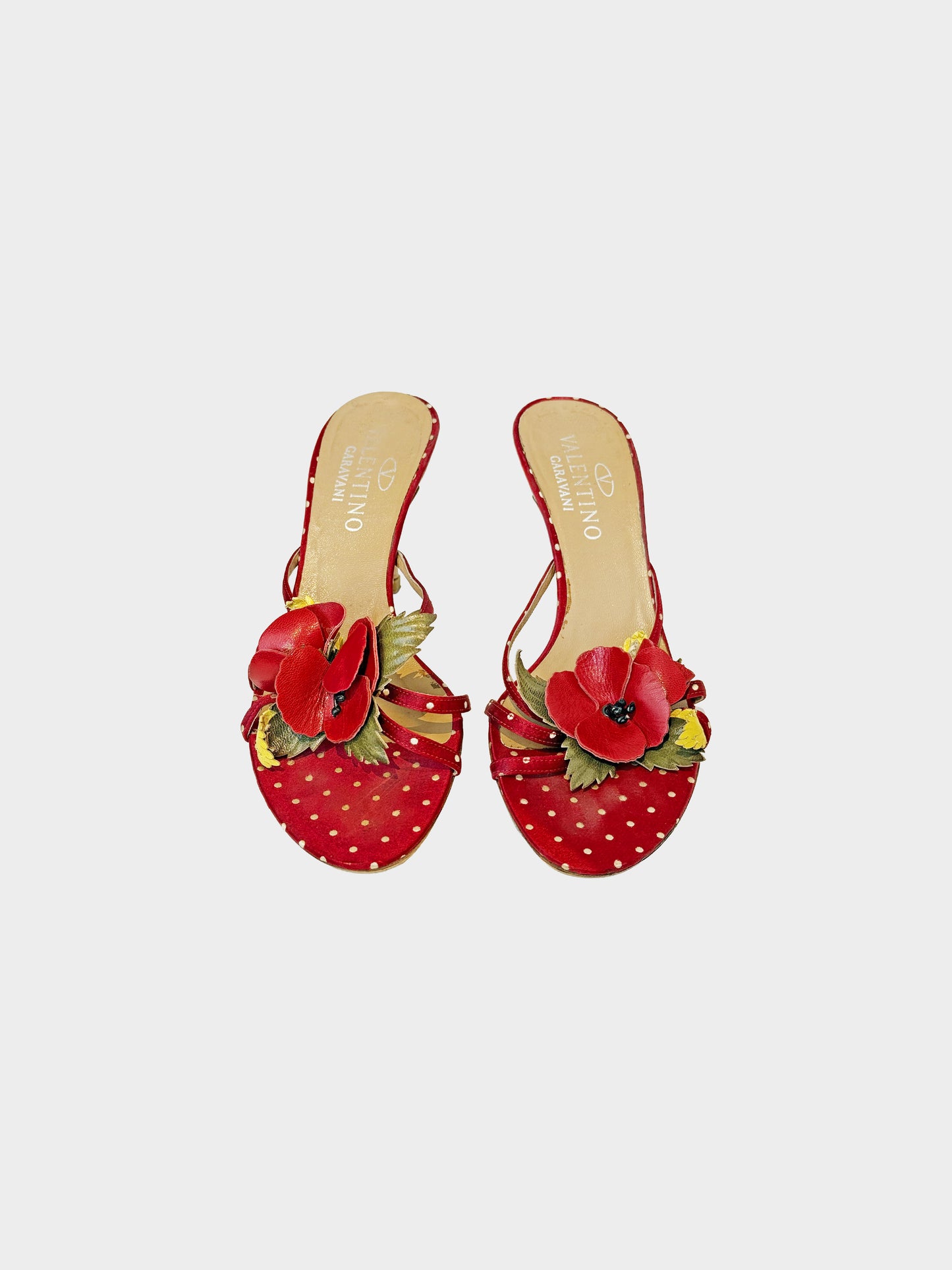 Valentino 2000s Red and White Polka Dot Floral Heels