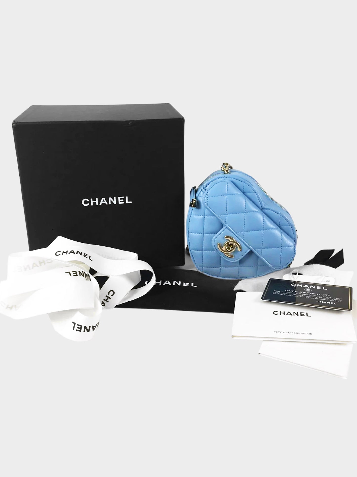 Chanel 2021 Blue Lambskin Quilted CC In Love Mini Heart Bag