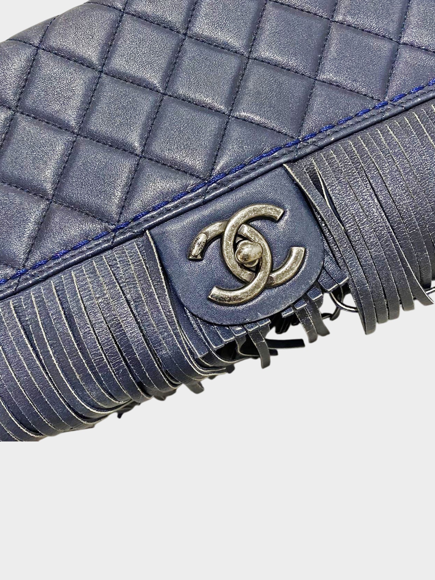 Chanel 2014 Navy Calfskin Leather Paris-Dallas Fringe Flap Bag