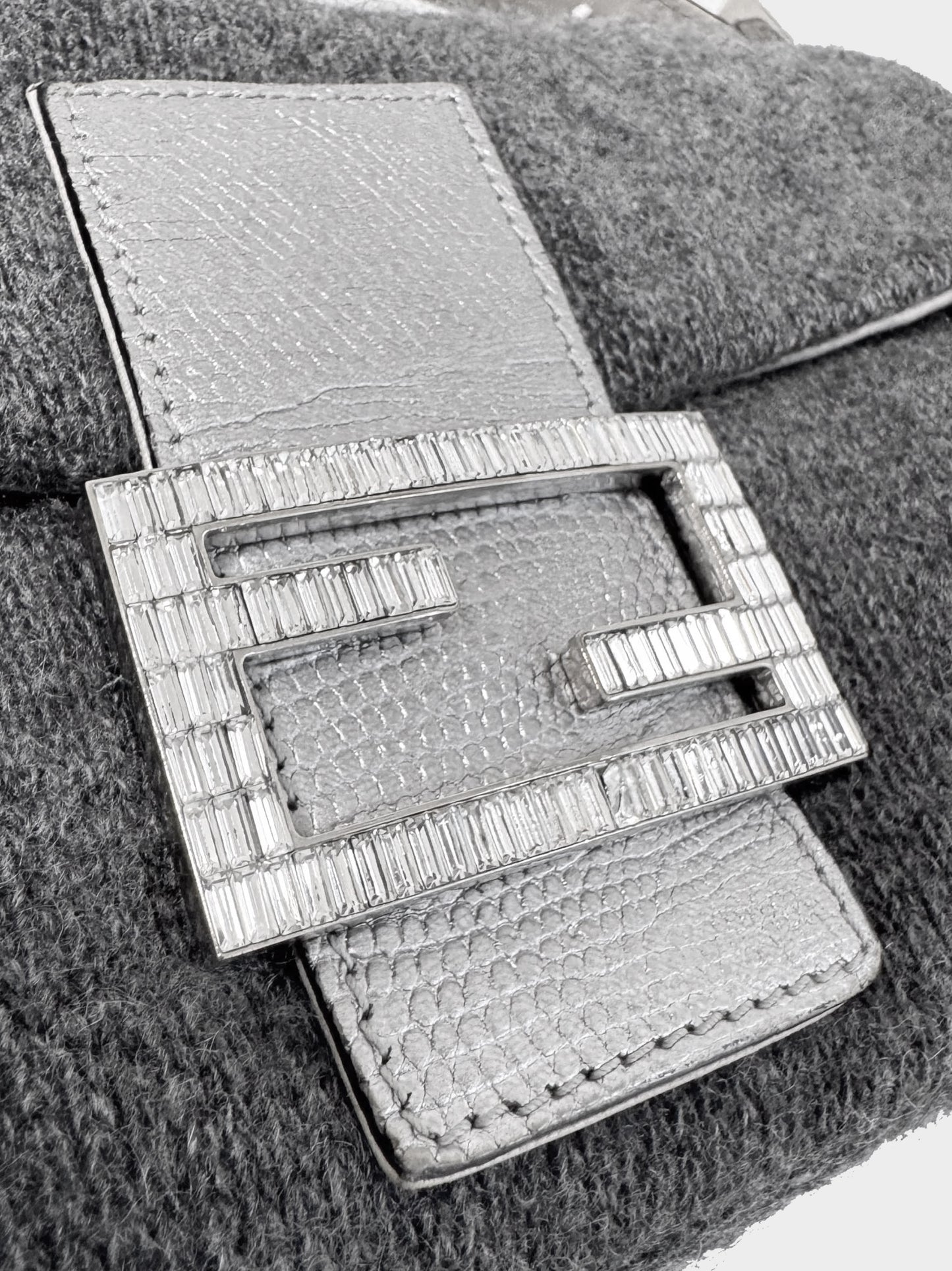 Fendi 2000s Grey Cashmere and Rhinestone Baguette