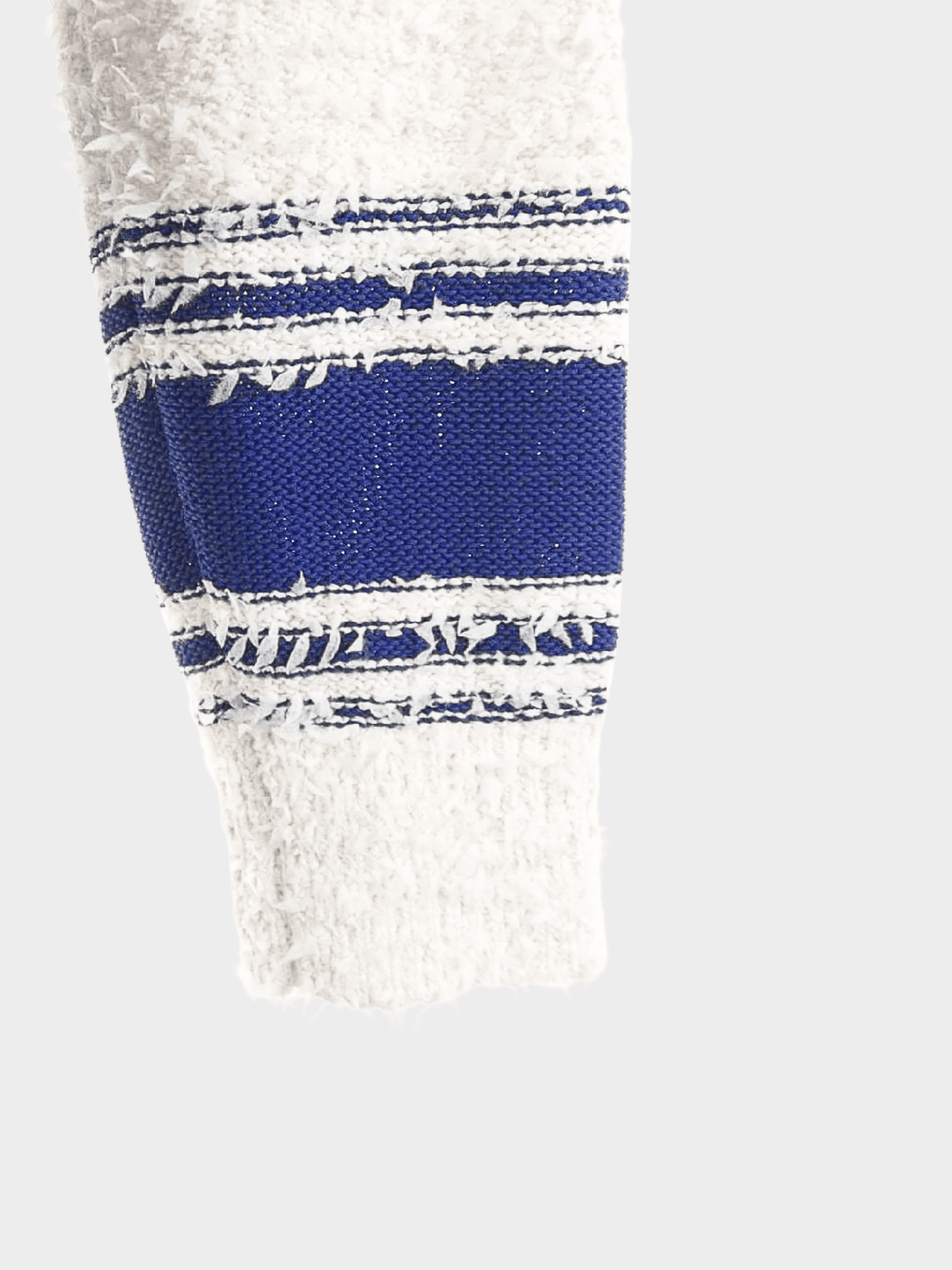 Chanel Pre-Spring 2019 Cream and Blue Cotton-Silk Blend Boucle Varsity Sweater