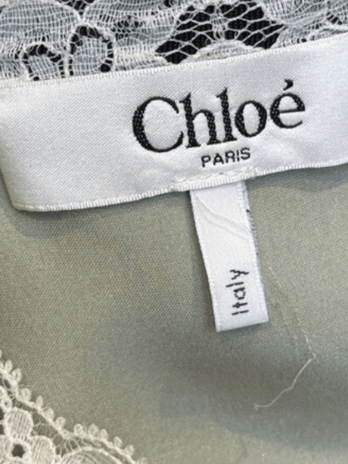 Chloe 2025 Pistachio Green Silk Top With Lace Inserts